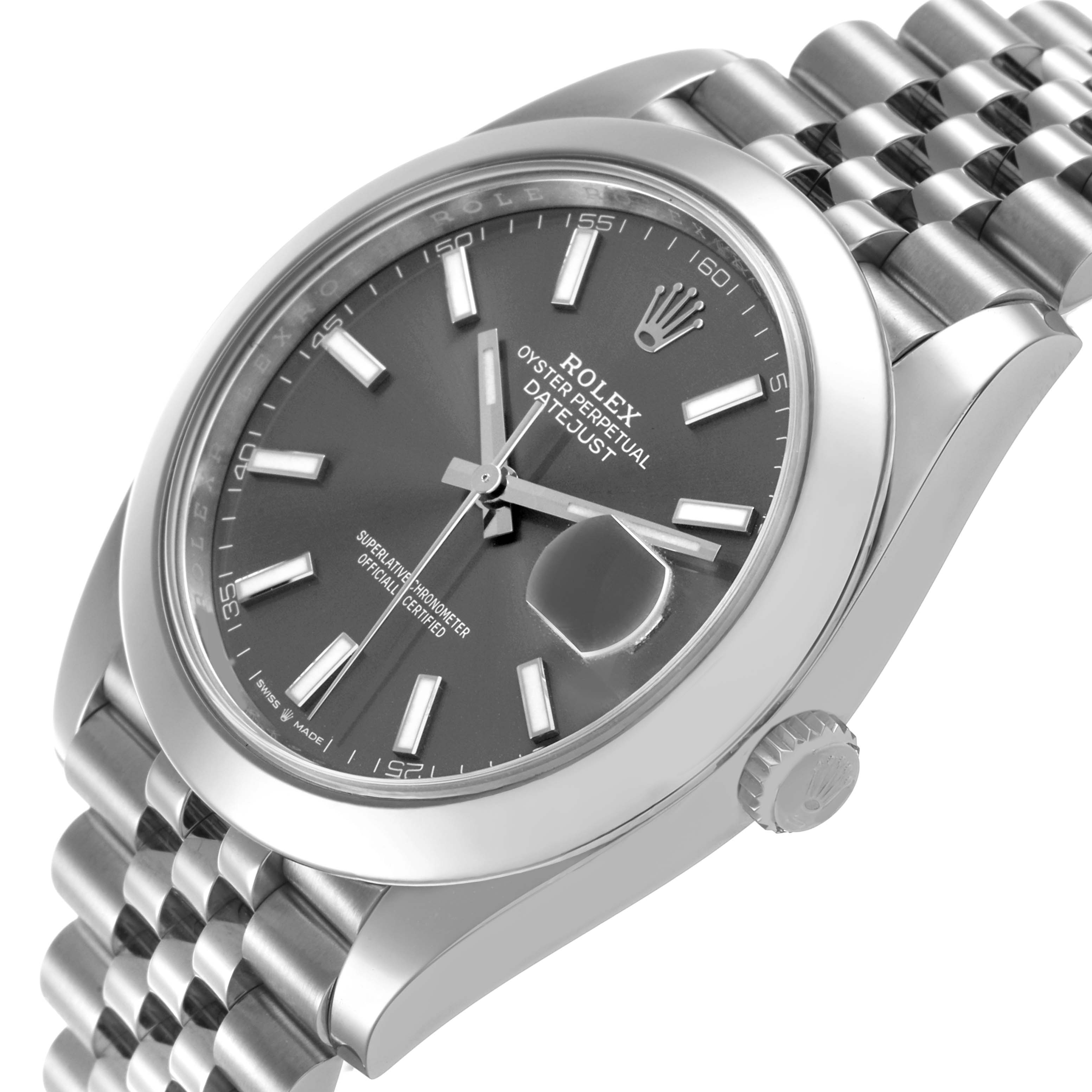 The image shows a Rolex Datejust 41 126300 Men's Stainless Steel Grey Dial watch at a tilted angle highlighting the dial, case, crown, and part of the bracelet.
