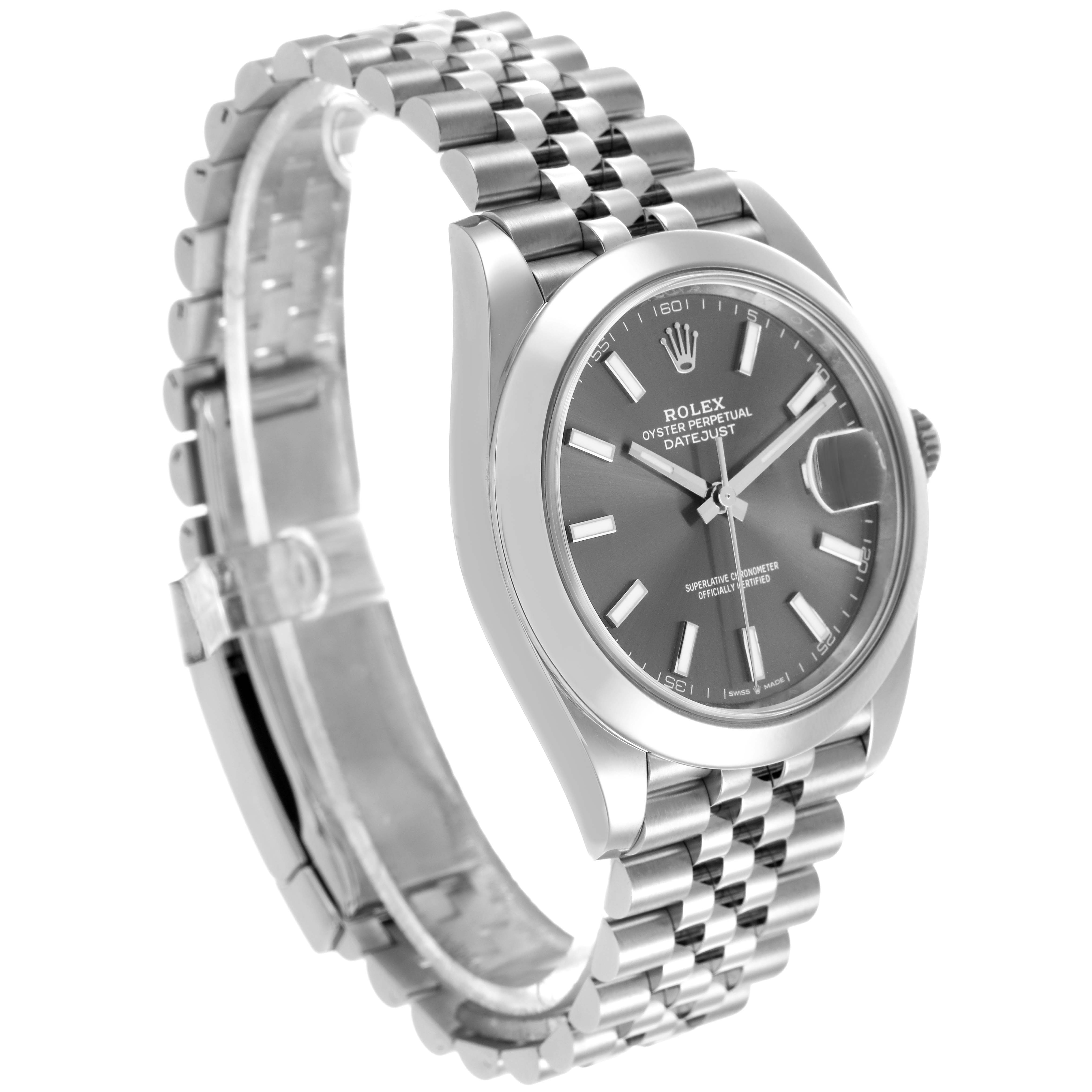 The image shows a side view of the Rolex Datejust 41 126300 Men's Stainless Steel Grey Dial, highlighting the dial, case, bezel, and Jubilee bracelet.