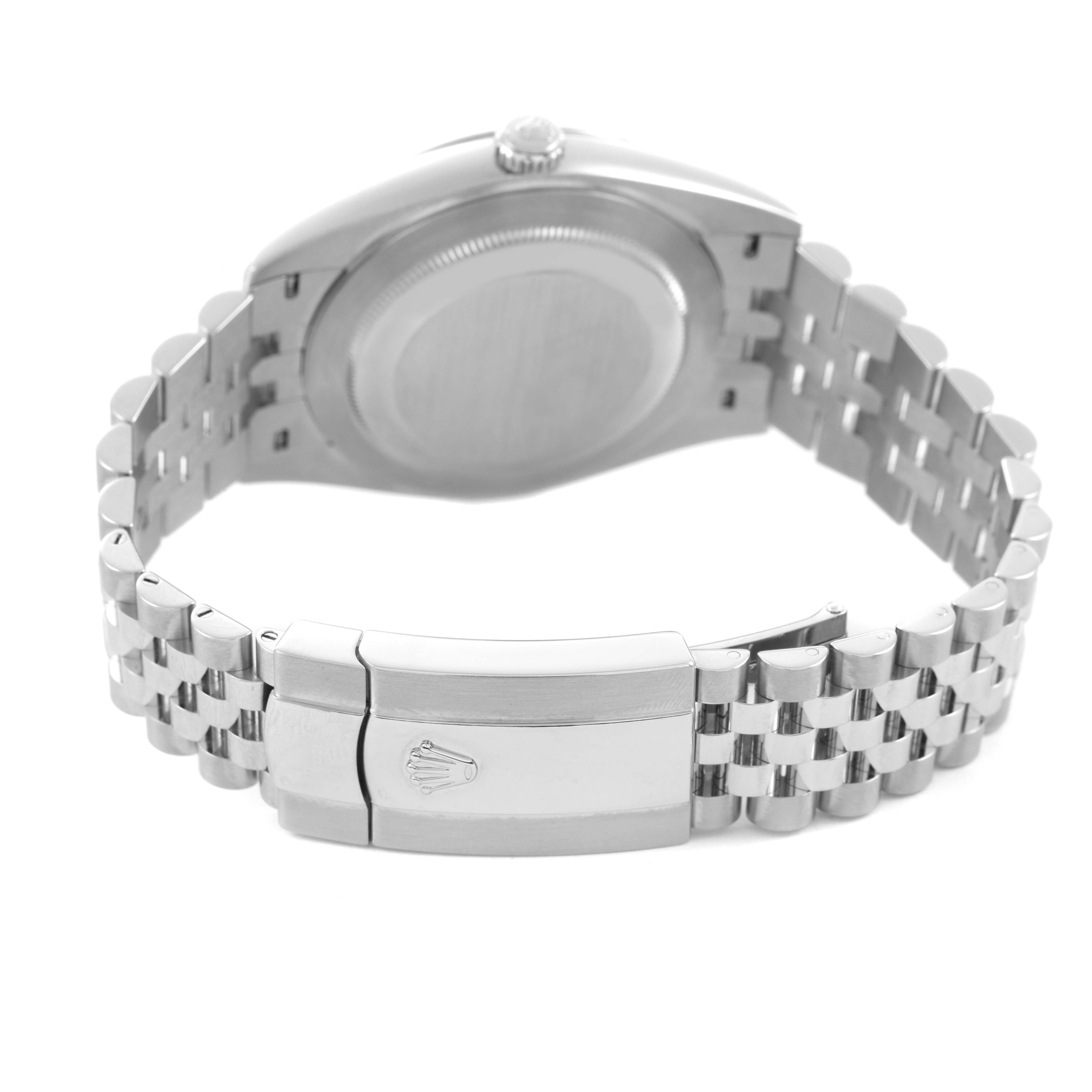 The image shows the back and clasp of the Rolex Datejust 41 126300 Men's Stainless Steel Grey Dial, featuring its Jubilee bracelet and closed case back.