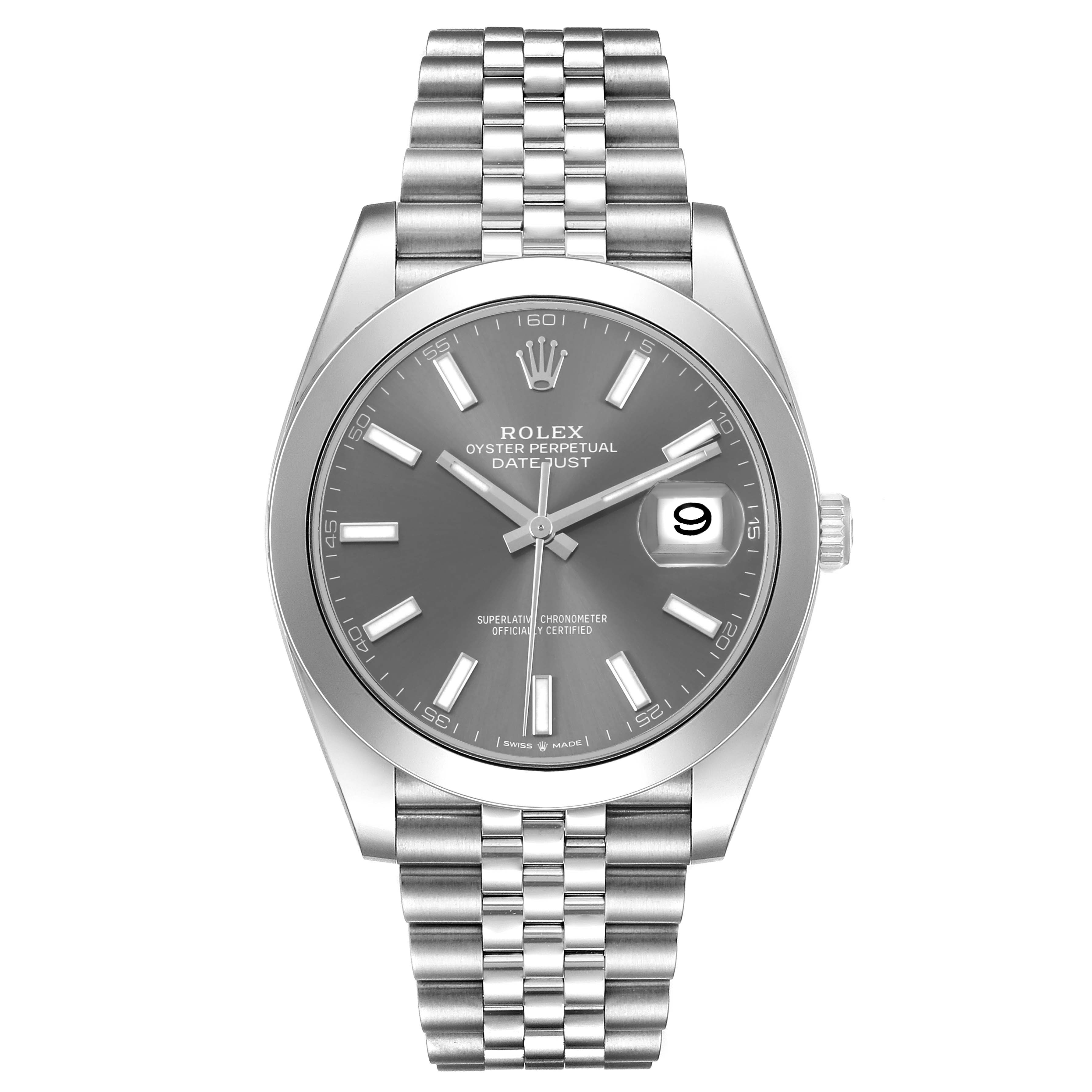 The Rolex Datejust 41 126300 Men's Stainless Steel Grey Dial is shown from a front angle, featuring the gray dial, bezel, and Jubilee bracelet.