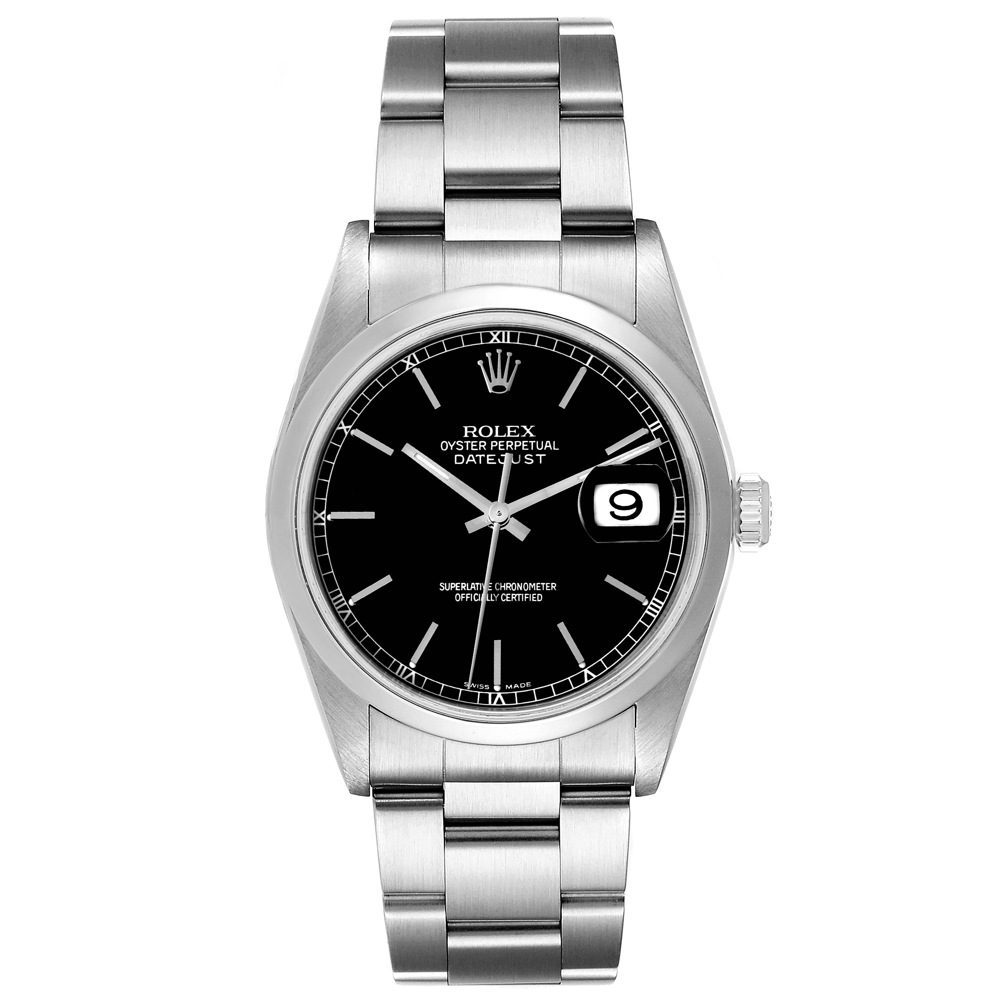 This image shows the front view of a Rolex Datejust 16200 Men's Stainless Steel Black Dial 16200 Men's Stainless Steel Black Dial watch, displaying the dial, bracelet, and date window.