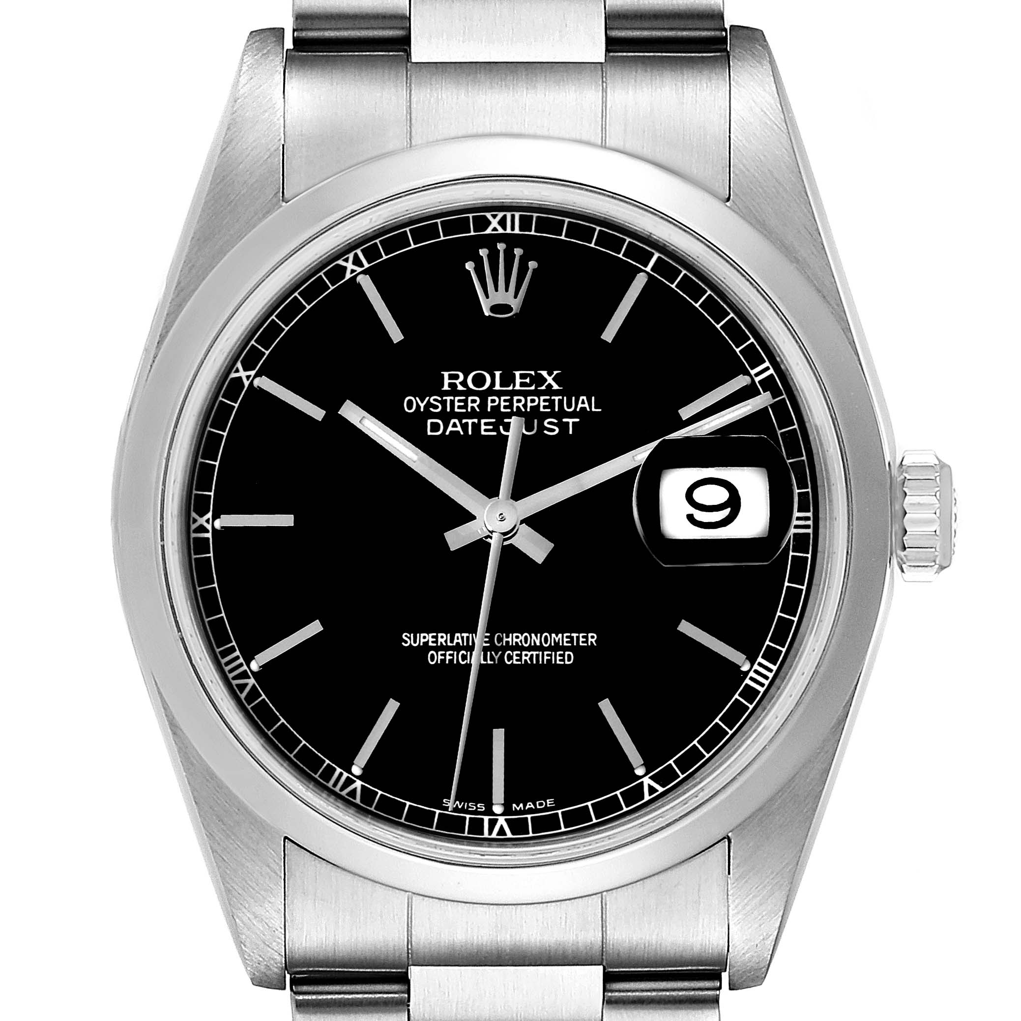 This image shows a frontal view of the Rolex Datejust 16200 Men's Stainless Steel Black Dial 16200 Men's Stainless Steel Black Dial watch, highlighting the dial, bezel, crown, and part of the bracelet.