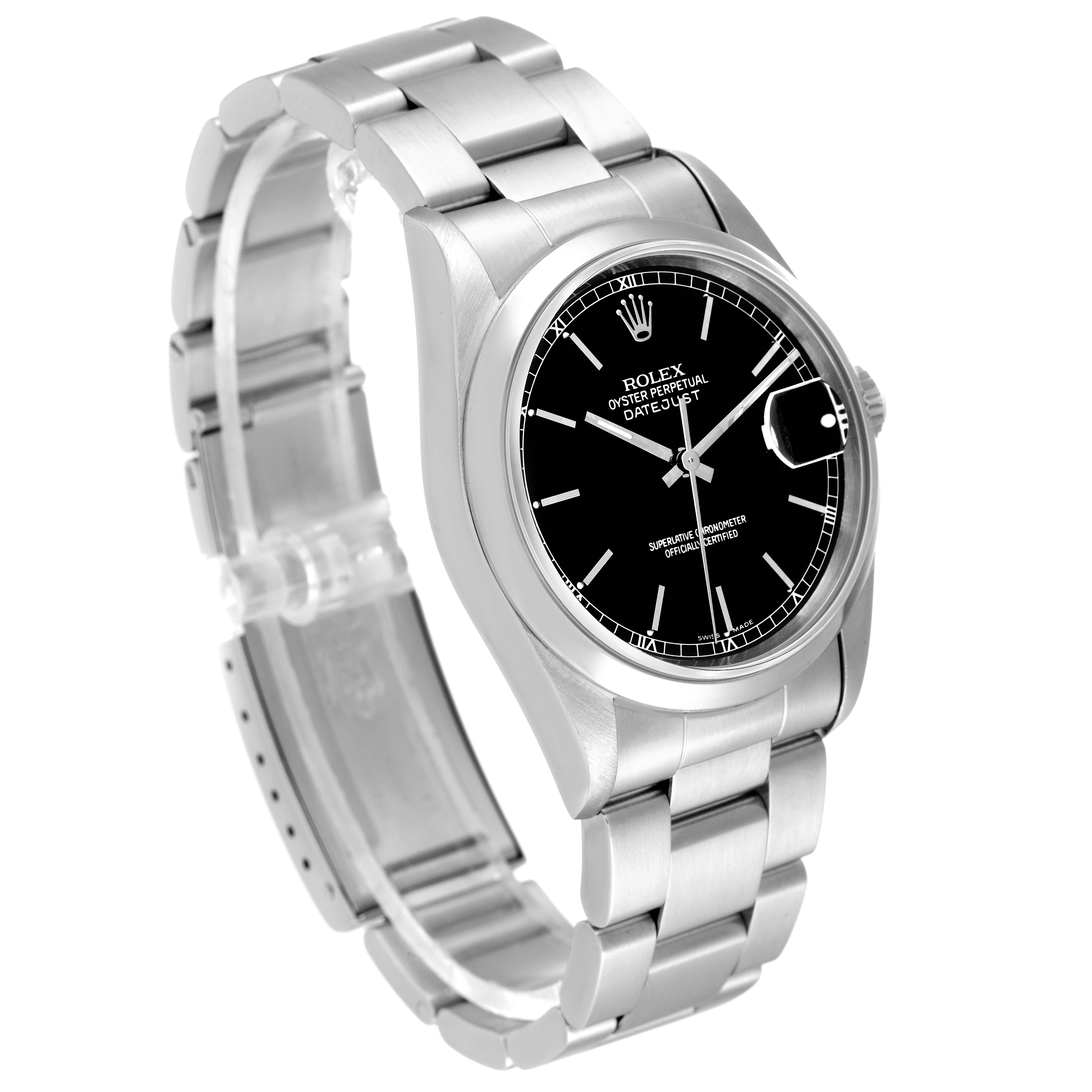 The image shows a side angle of the Rolex Datejust 16200 Men's Stainless Steel Black Dial 16200 Men's Stainless Steel Black Dial watch, highlighting the bracelet, case, crown, and black dial.