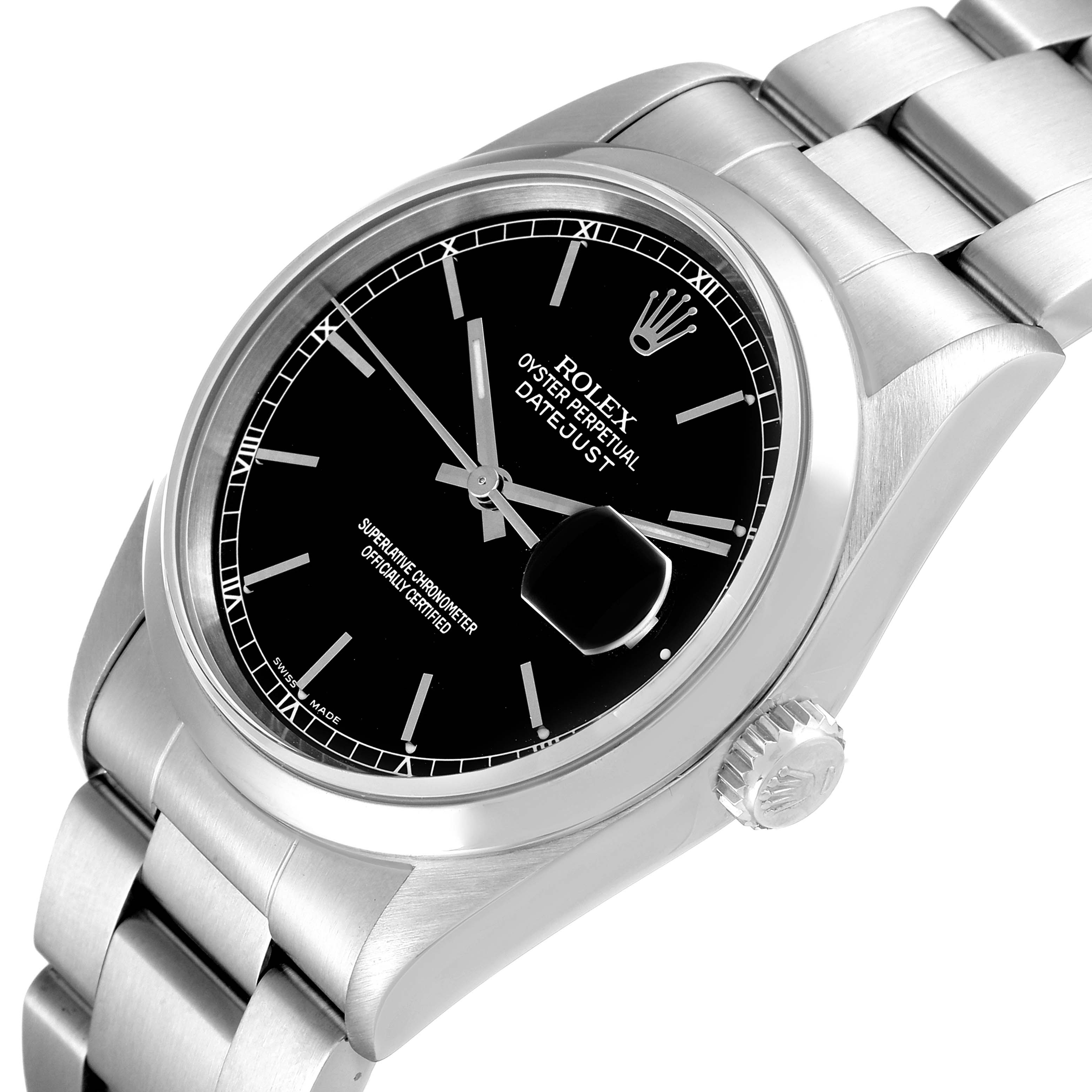 The image shows a Rolex Datejust 16200 Men's Stainless Steel Black Dial 16200 Men's Stainless Steel Black Dial watch at a slight top-side angle, highlighting its black dial, bezel, bracelet, and crown.