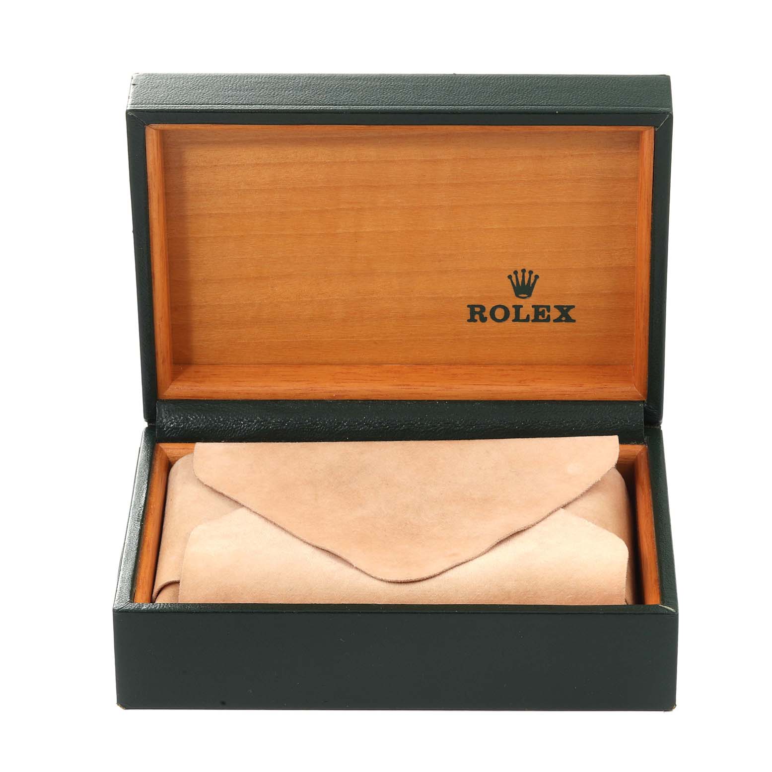 This image shows the open box of a Rolex Datejust 16200 Men's Stainless Steel Black Dial 16200 Men's Stainless Steel Black Dial watch with a leather pouch inside.