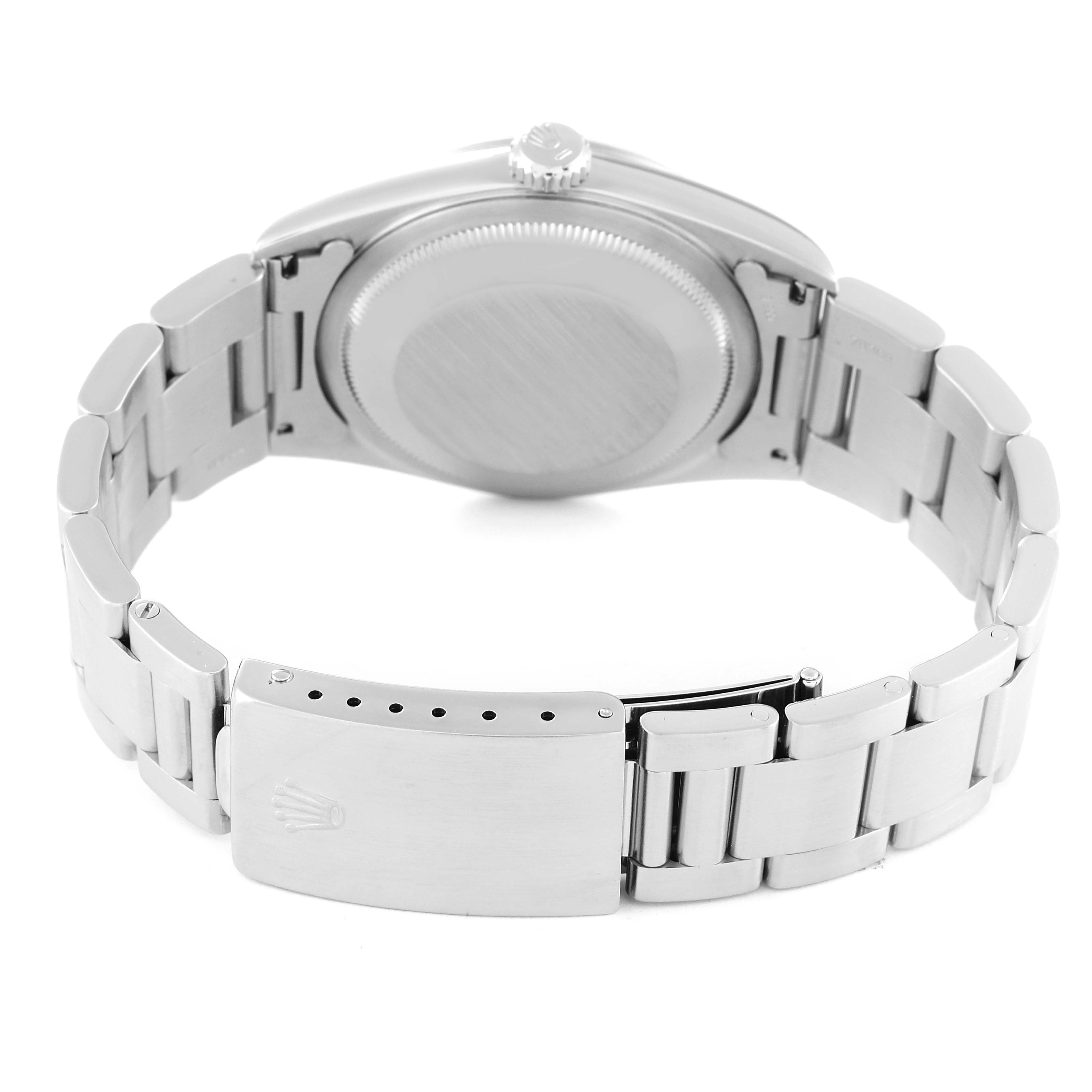 The image shows the back case and bracelet clasp of a Rolex Datejust 16200 Men's Stainless Steel Black Dial 16200 Men's Stainless Steel Black Dial watch.