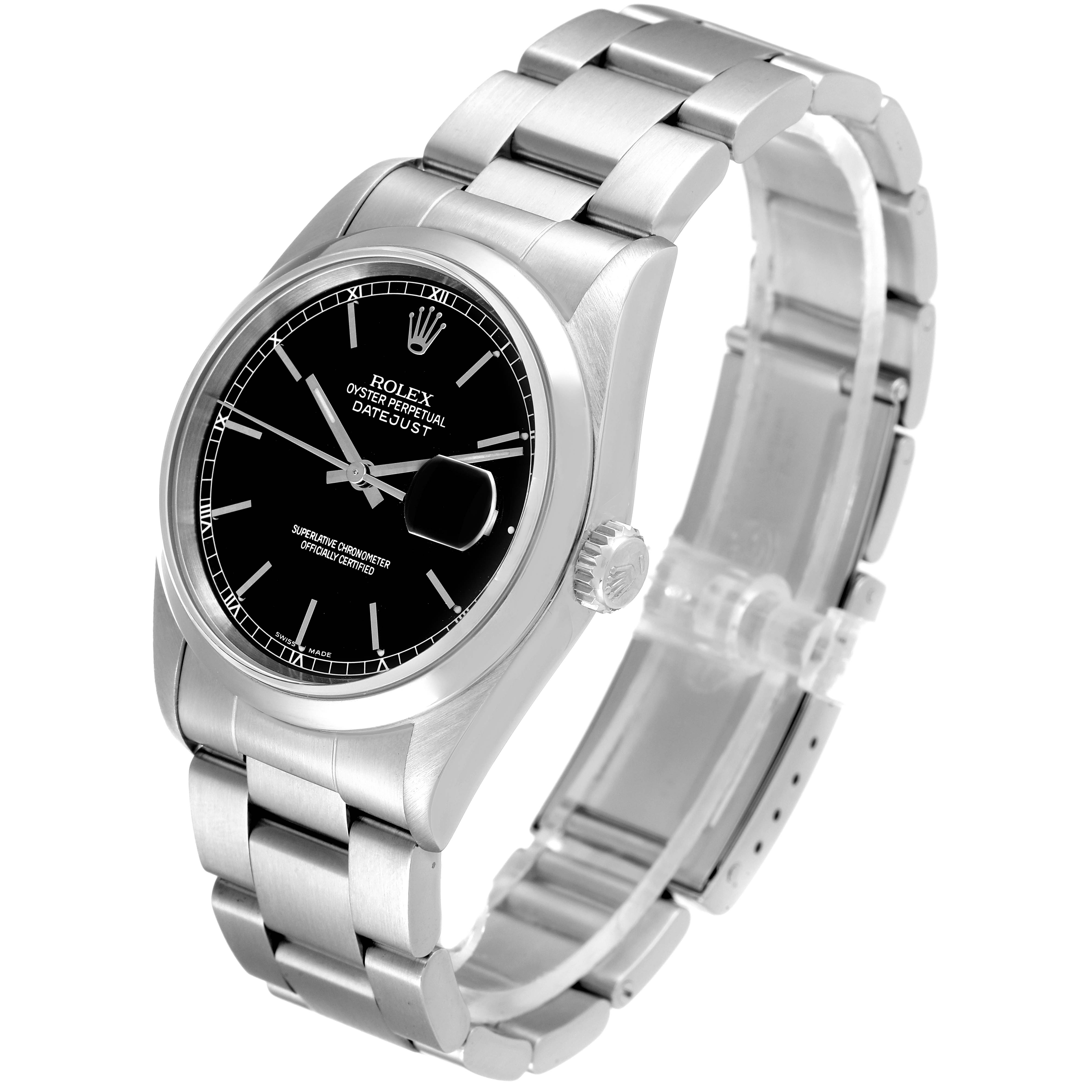 The image shows a Rolex Datejust 16200 Men's Stainless Steel Black Dial 16200 Men's Stainless Steel Black Dial watch at a three-quarter angle, highlighting the watch face, bracelet, and side profile.