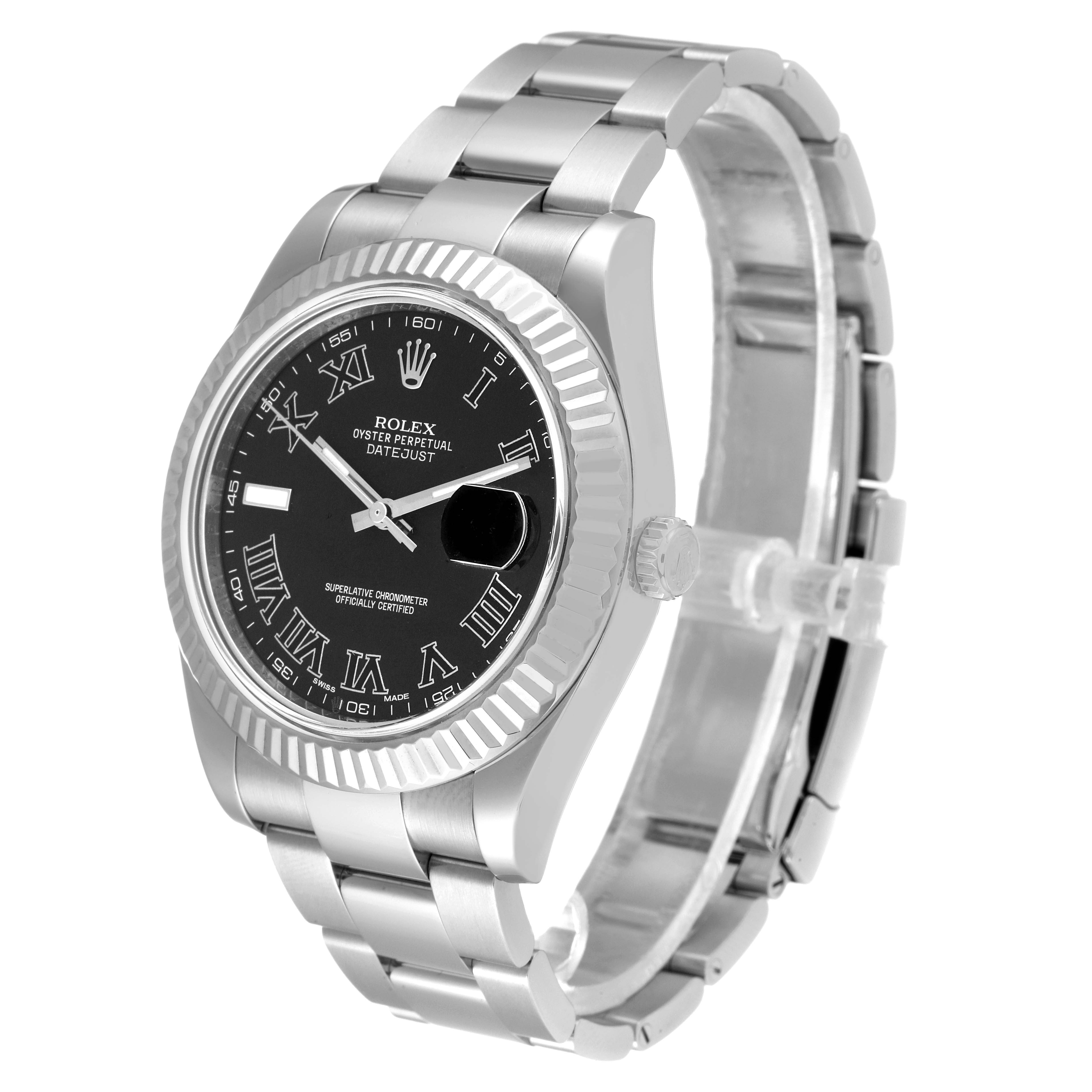 This image shows a Rolex Datejust 41 116334 Men
s Stainless Steel Grey Dial 116334 Men
s Stainless Steel Grey Dial watch from an angled perspective, highlighting its bracelet, dial, and bezel.