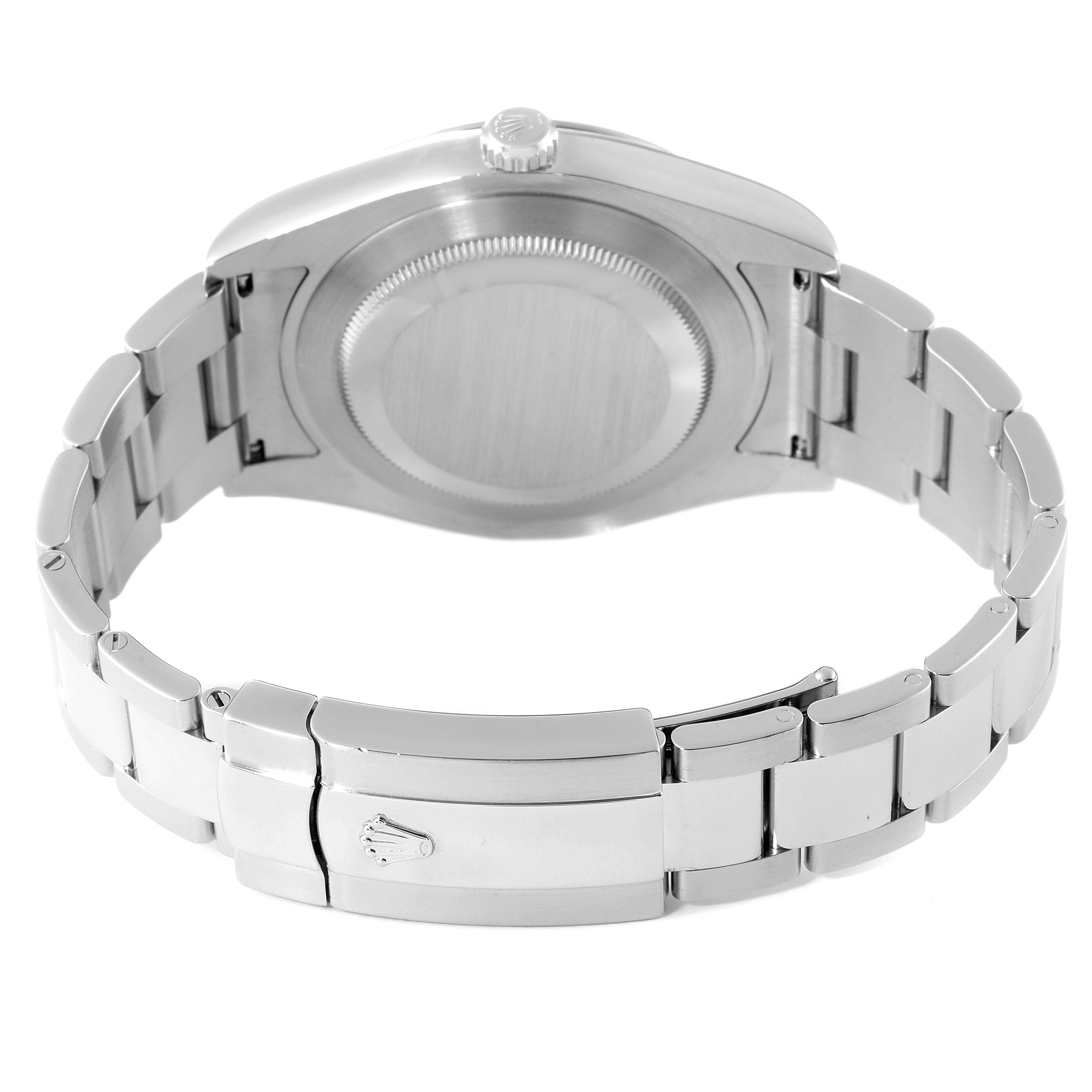 The image shows the back case and bracelet of the Rolex Datejust 41 116334 Men
s Stainless Steel Grey Dial 116334 Men
s Stainless Steel Grey Dial watch from a rear angle.