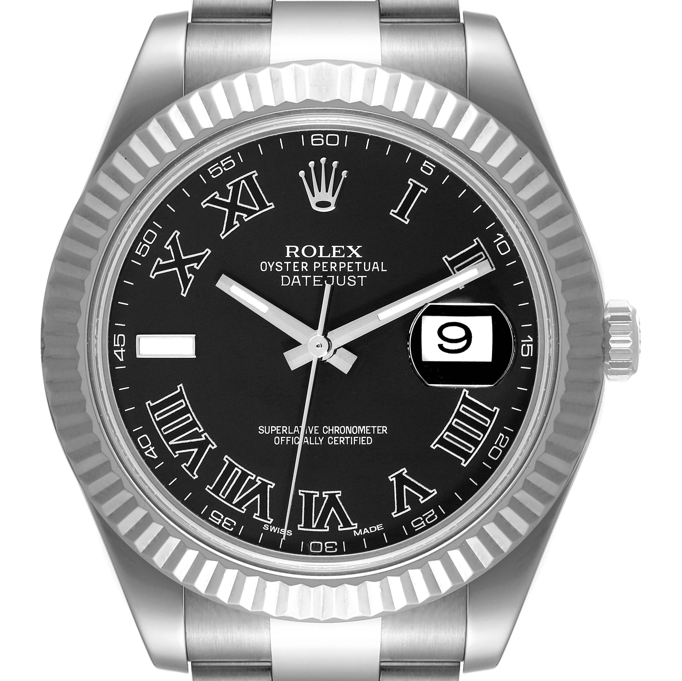 The Rolex Datejust 41 116334 Men
s Stainless Steel Grey Dial 116334 Men
s Stainless Steel Grey Dial watch is shown from a front angle, displaying its dial, bezel, and part of the bracelet.