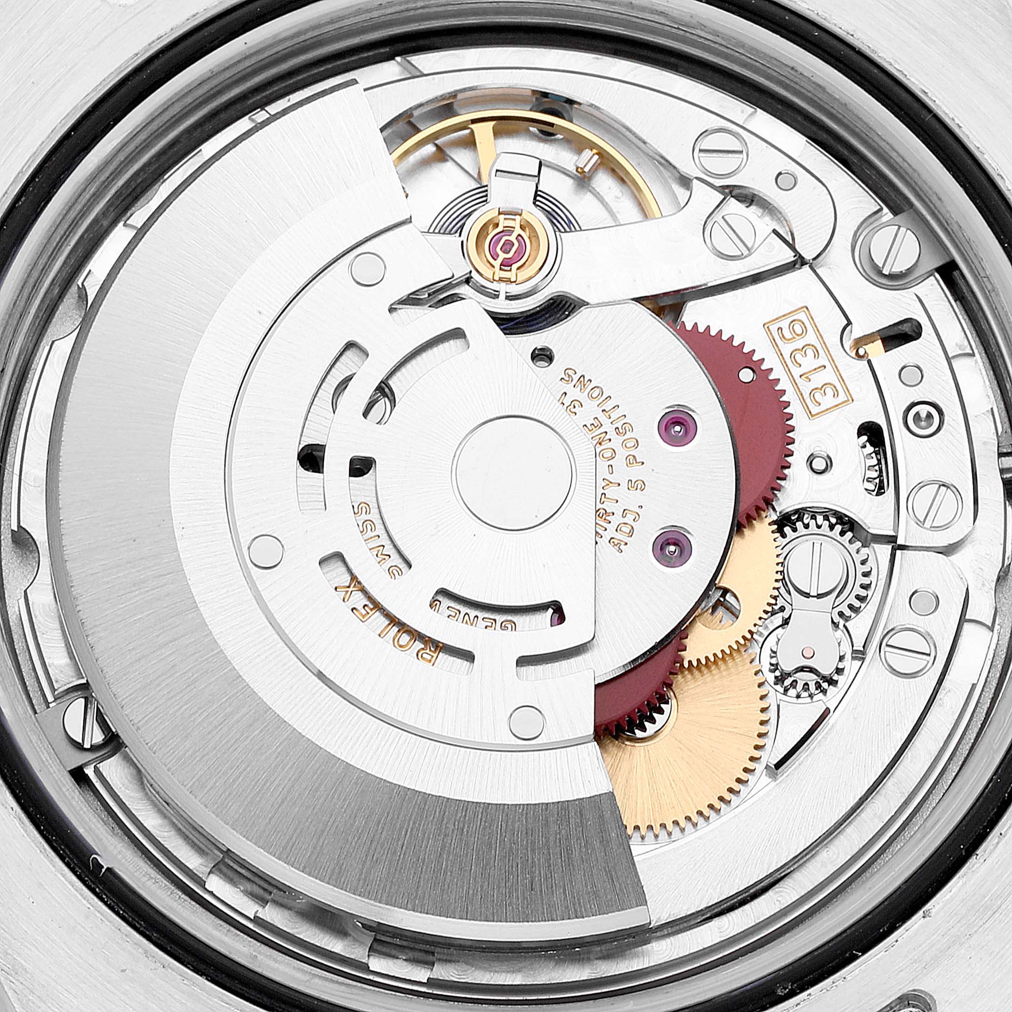 This image shows the internal mechanical movement of the Rolex Datejust 41 116334 Men
s Stainless Steel Grey Dial 116334 Men
s Stainless Steel Grey Dial watch from a close-up angle, highlighting gears and components.