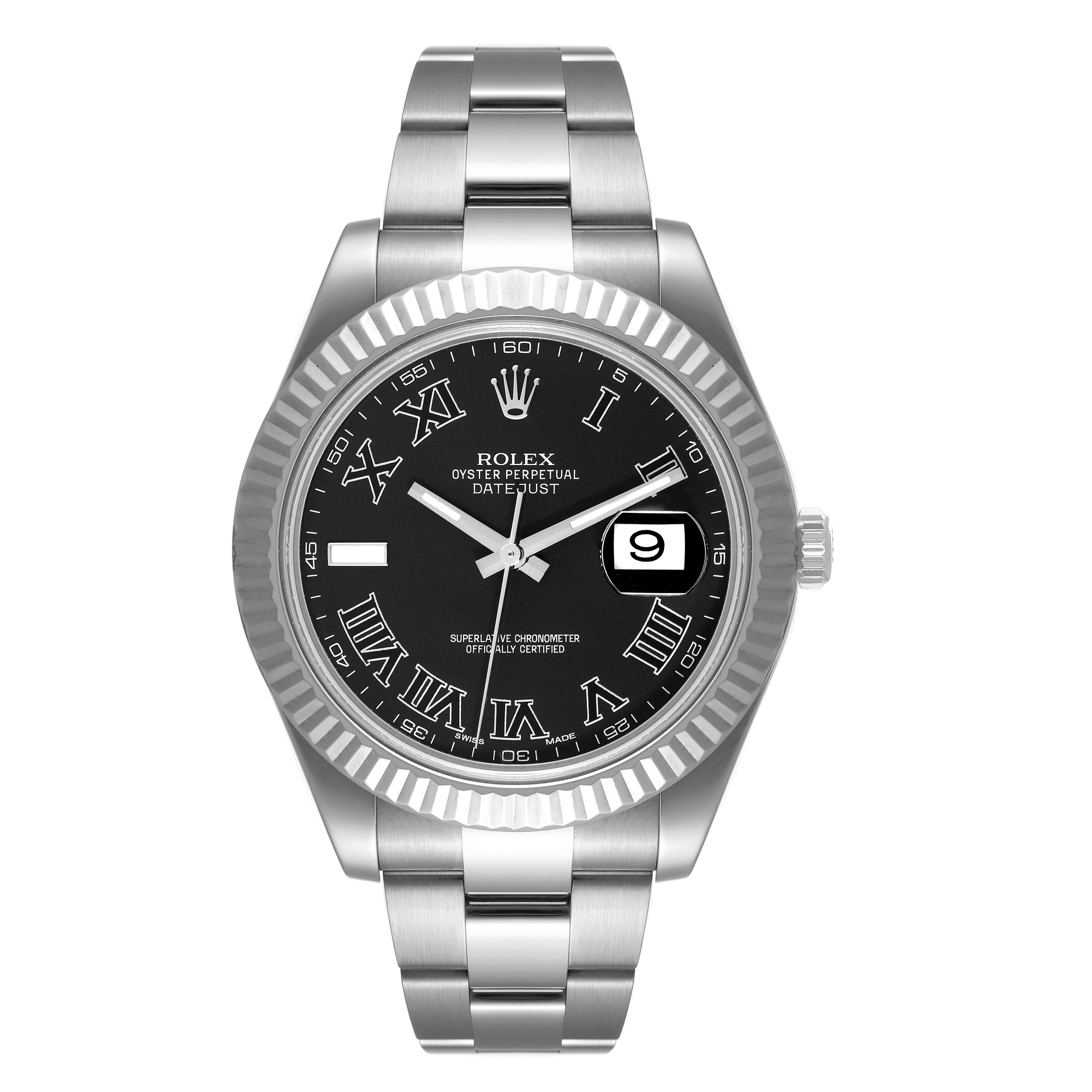 This image shows a front view of the Rolex Datejust 41 116334 Men
s Stainless Steel Grey Dial 116334 Men
s Stainless Steel Grey Dial watch, displaying the black dial, Roman numerals, and date window.