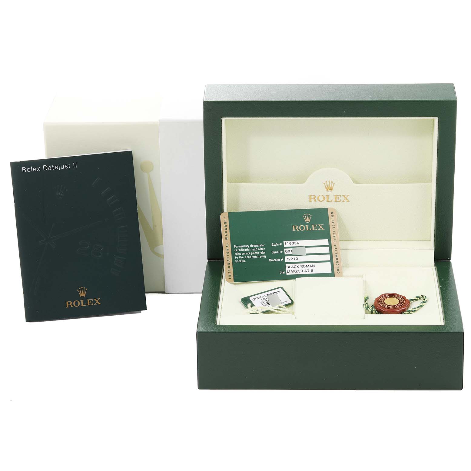 This image shows the packaging and accessories for a Rolex Datejust 41 116334 Men
s Stainless Steel Grey Dial 116334 Men
s Stainless Steel Grey Dial, including a box, user manual, and guarantee card.