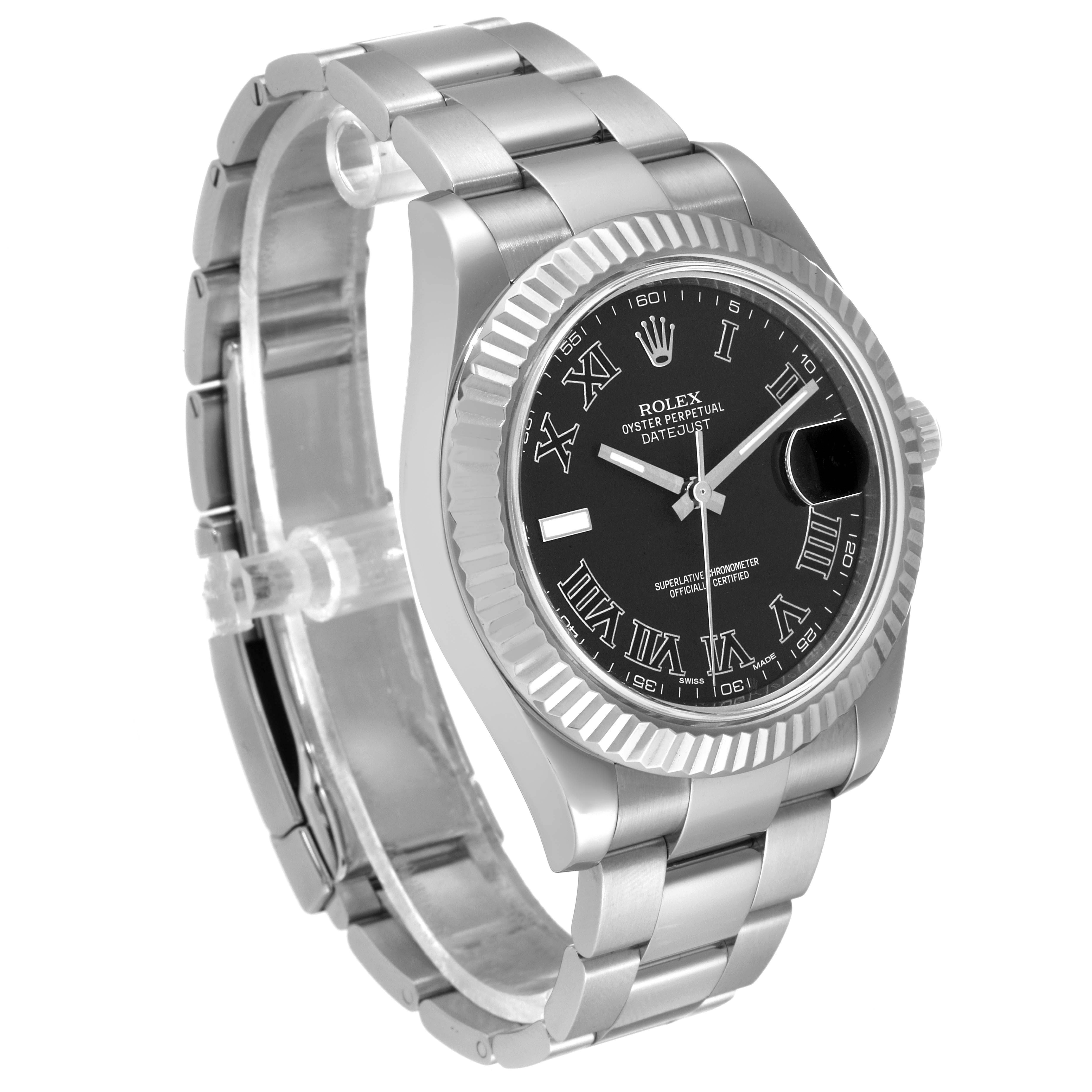 The image shows a Rolex Datejust 41 116334 Men
s Stainless Steel Grey Dial 116334 Men
s Stainless Steel Grey Dial watch at a three-quarter angle, highlighting the black dial, fluted bezel, and Oyster bracelet.