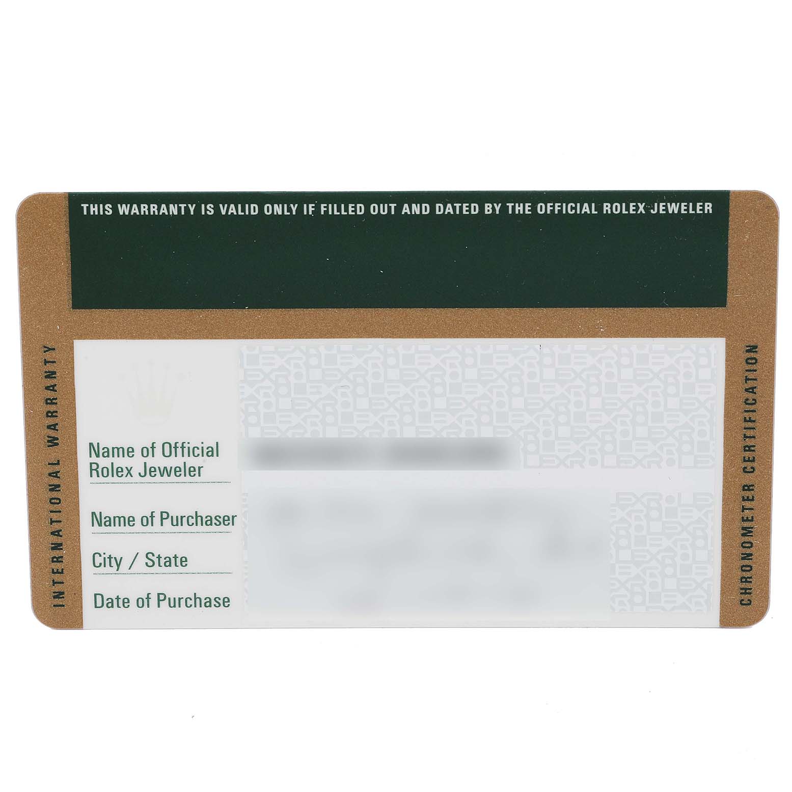 This is a top-down view of the official warranty card for the Rolex Datejust 41 116334 Men
s Stainless Steel Grey Dial 116334 Men
s Stainless Steel Grey Dial model.