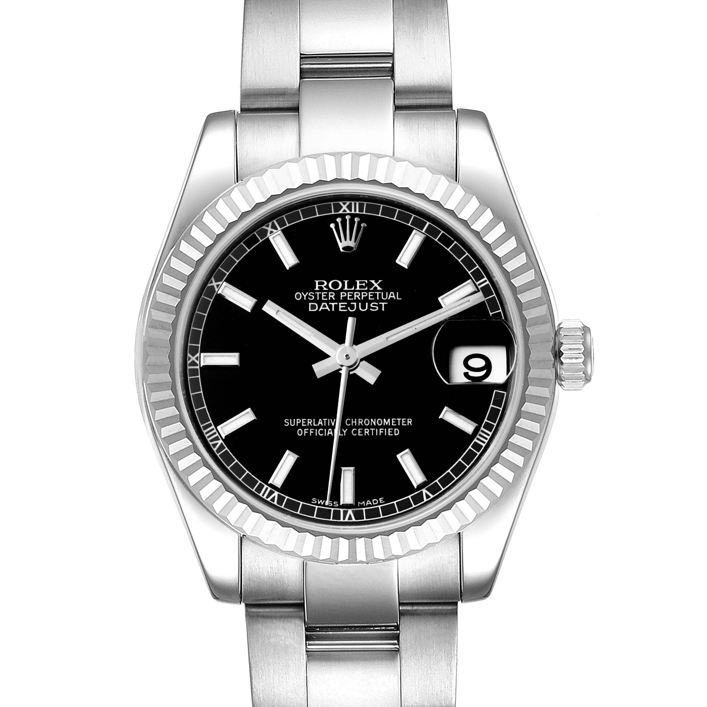 This is a head-on view of a Rolex Mid-Size 178274 Women
s Stainless Steel Black Dial 178274 Women
s Stainless Steel Black Dial Oyster Perpetual Datejust, showing the black dial, fluted bezel, and metal bracelet.
