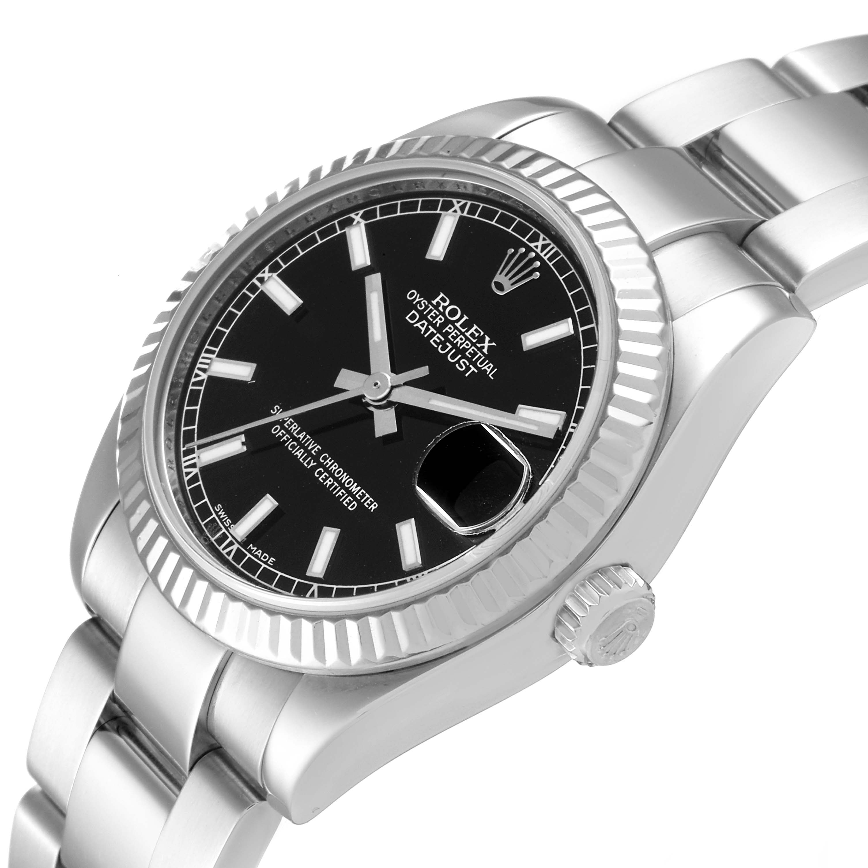 The image shows a Mid-Size Rolex Datejust watch at a slight side angle, highlighting the black dial, fluted bezel, and bracelet.