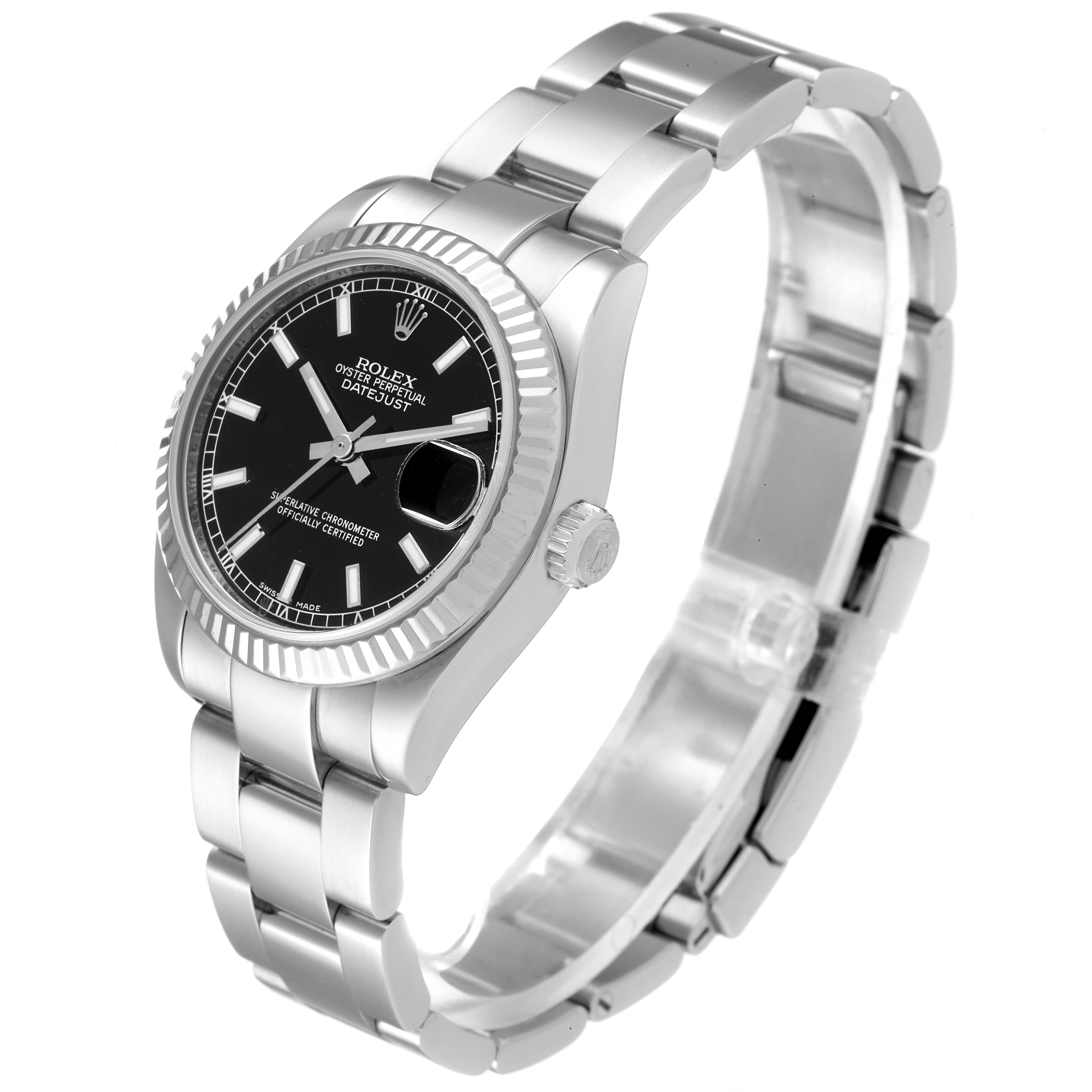This image shows a Rolex Mid-Size 178274 Women
s Stainless Steel Black Dial 178274 Women
s Stainless Steel Black Dial Datejust watch at a three-quarter angle, highlighting its black dial, fluted bezel, and stainless steel bracelet.