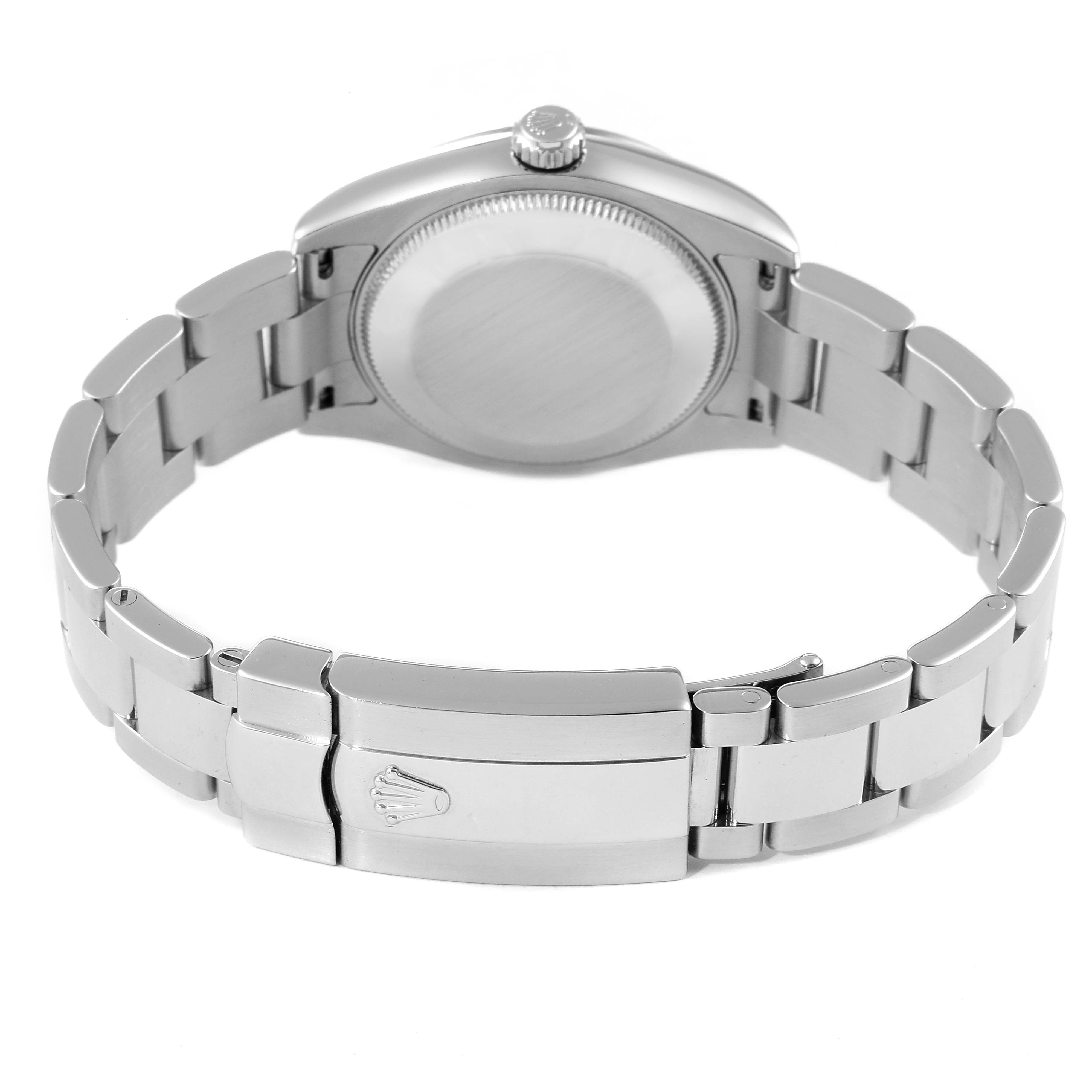 The image shows the back view of a Rolex Mid-Size 178274 Women
s Stainless Steel Black Dial 178274 Women
s Stainless Steel Black Dial model watch, highlighting the closed clasp and bracelet links.