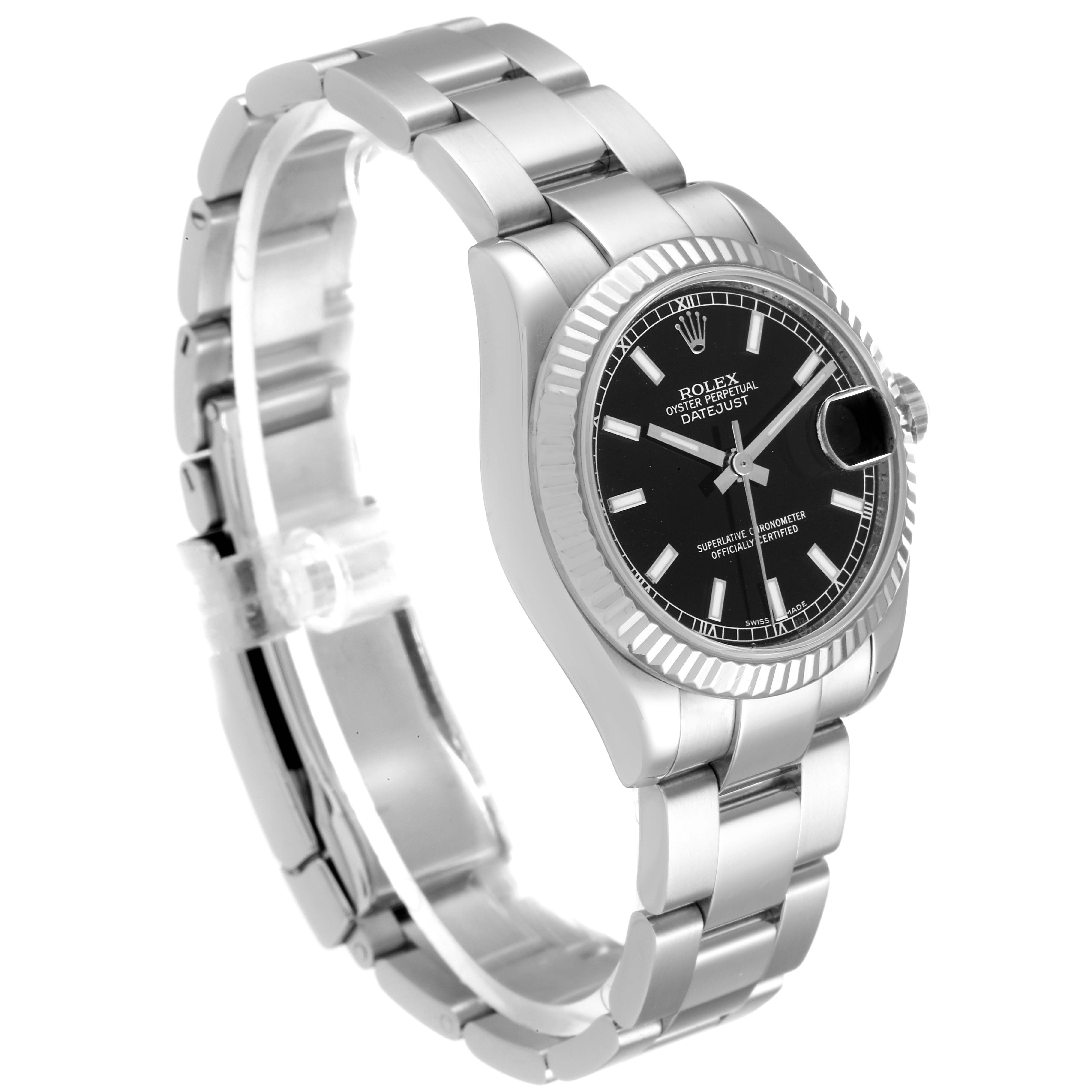 The image shows a side angle of a Mid-Size Rolex Oyster Perpetual Datejust watch featuring its face, bracelet, and clasp.