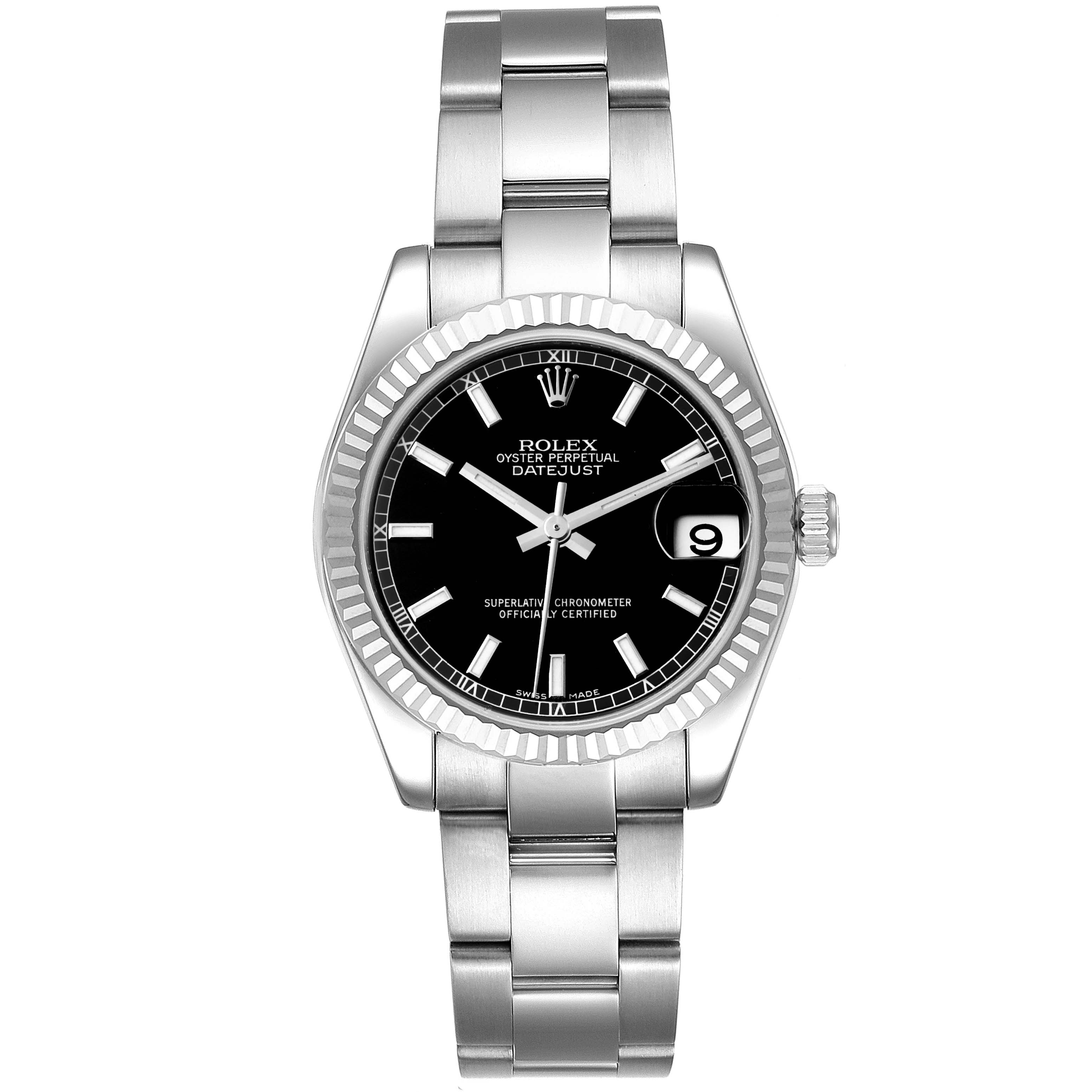 This Rolex Mid-Size 178274 Women
s Stainless Steel Black Dial 178274 Women
s Stainless Steel Black Dial model is shown from a front angle, displaying the watch face, band, and bezel.