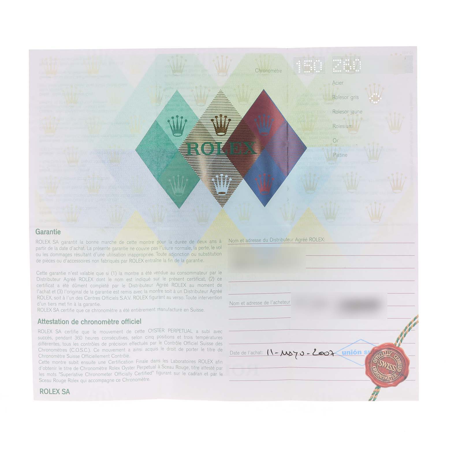 The image shows the Rolex guarantee certificate featuring the brand logo and warranty details.