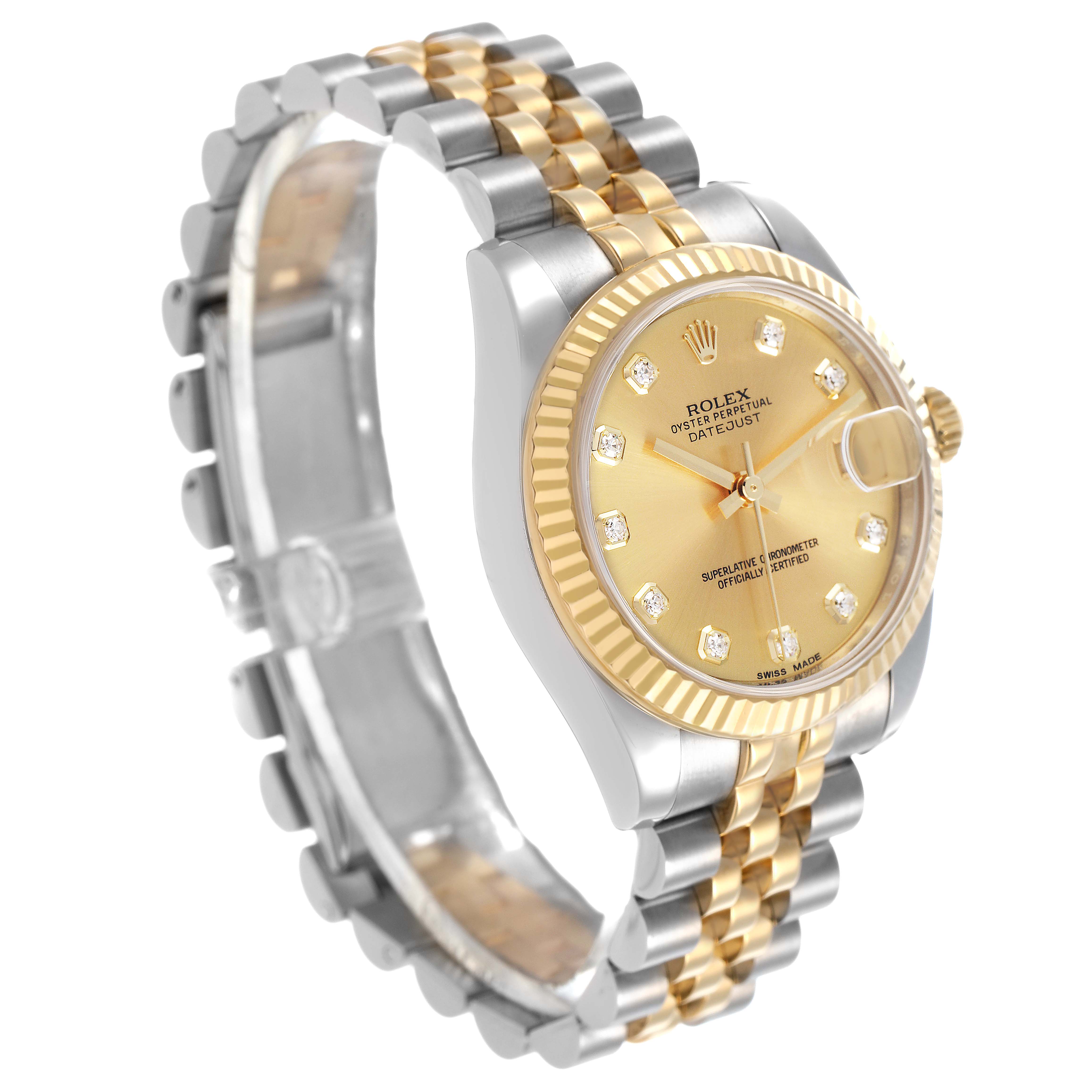 The Rolex Mid-Size 178273 Women's Steel and Gold (two tone) Champagne Dial watch is shown at a slight angle, highlighting the face, bezel, and two-tone bracelet.