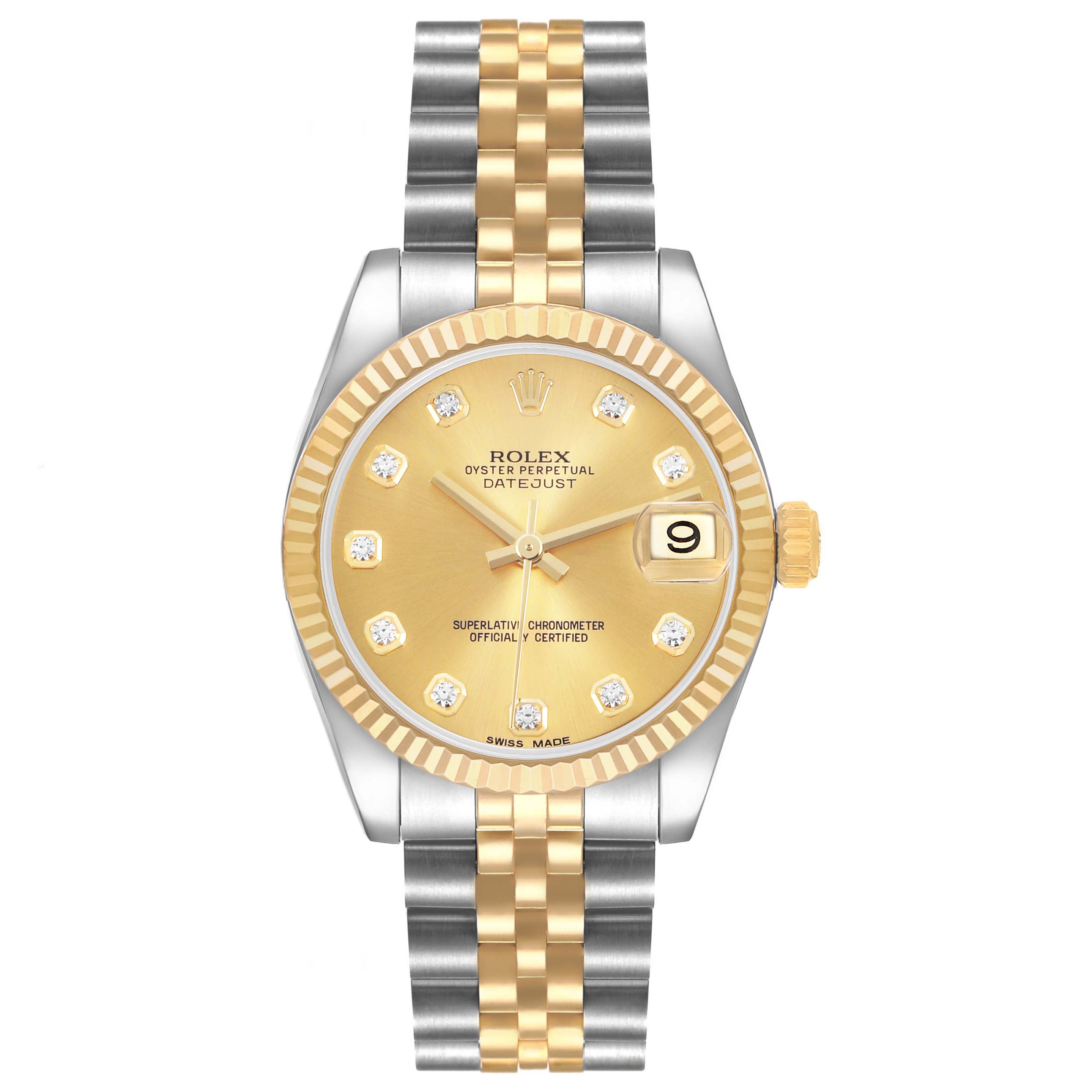 The Rolex Mid-Size 178273 Women's Steel and Gold (two tone) Champagne Dial Datejust is shown from the front, highlighting the dial, bezel, and two-tone bracelet.