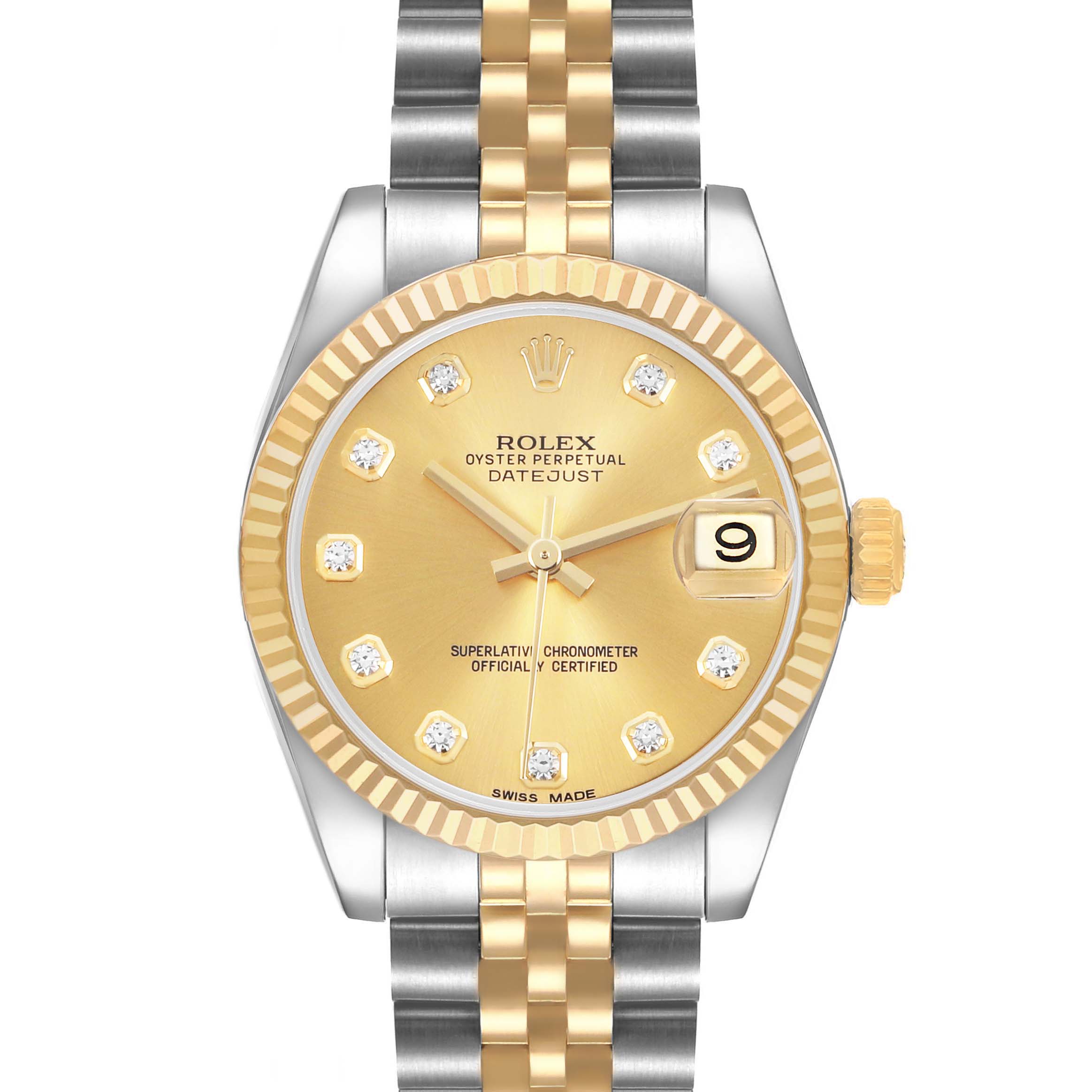The Rolex Datejust Mid-Size model is shown from the front, highlighting the gold dial, bezel, and two-tone bracelet.