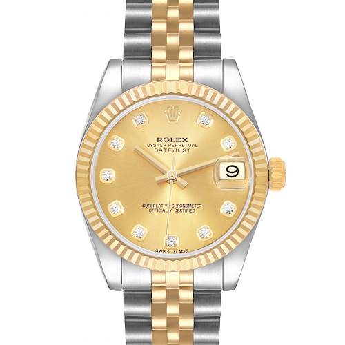 The Rolex Datejust Mid-Size watch is shown from the front, displaying its dial, bezel, and bracelet.