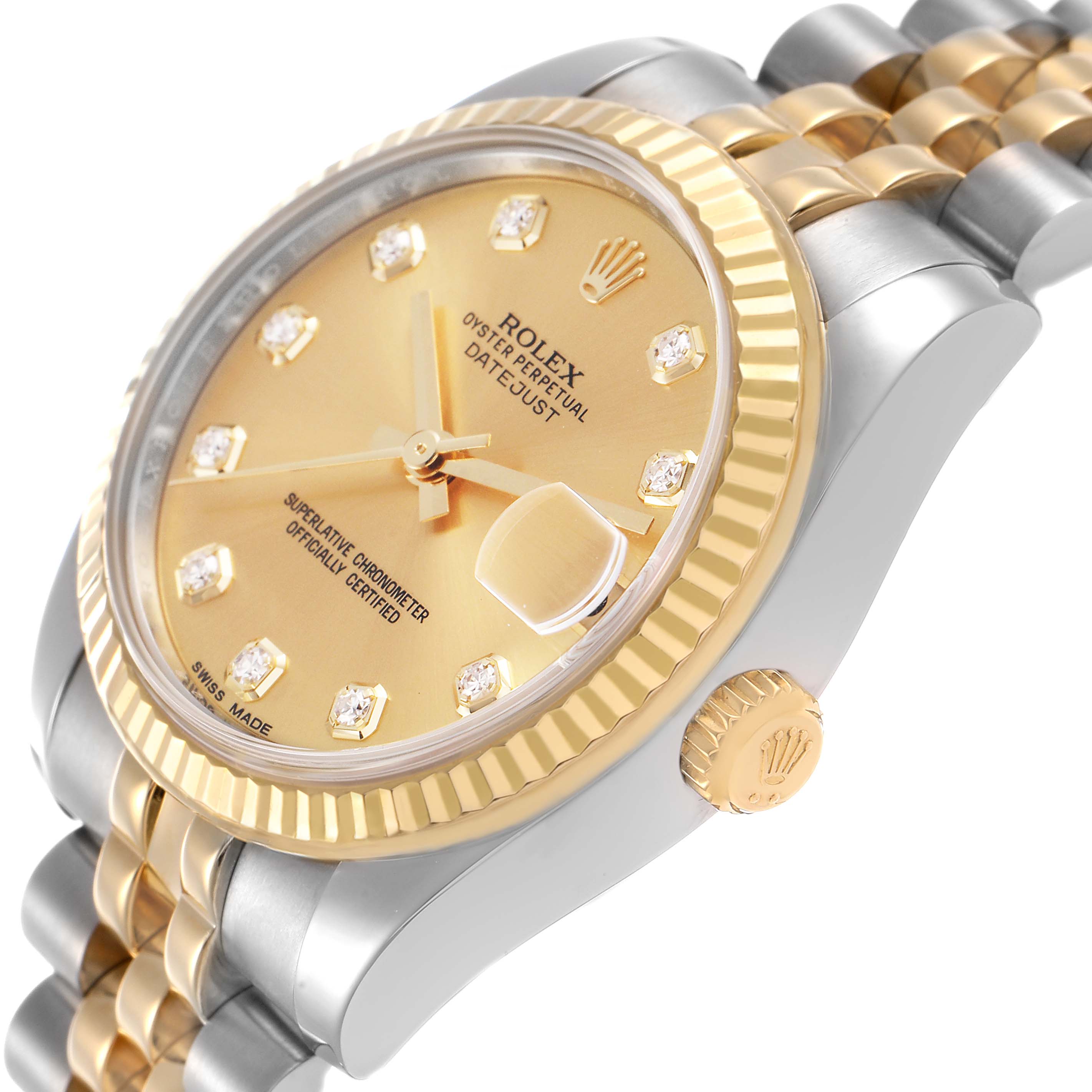 The Rolex Mid-Size 178273 Women's Steel and Gold (two tone) Champagne Dial watch is shown at a side angle, highlighting the gold bezel, crown, and bracelet.