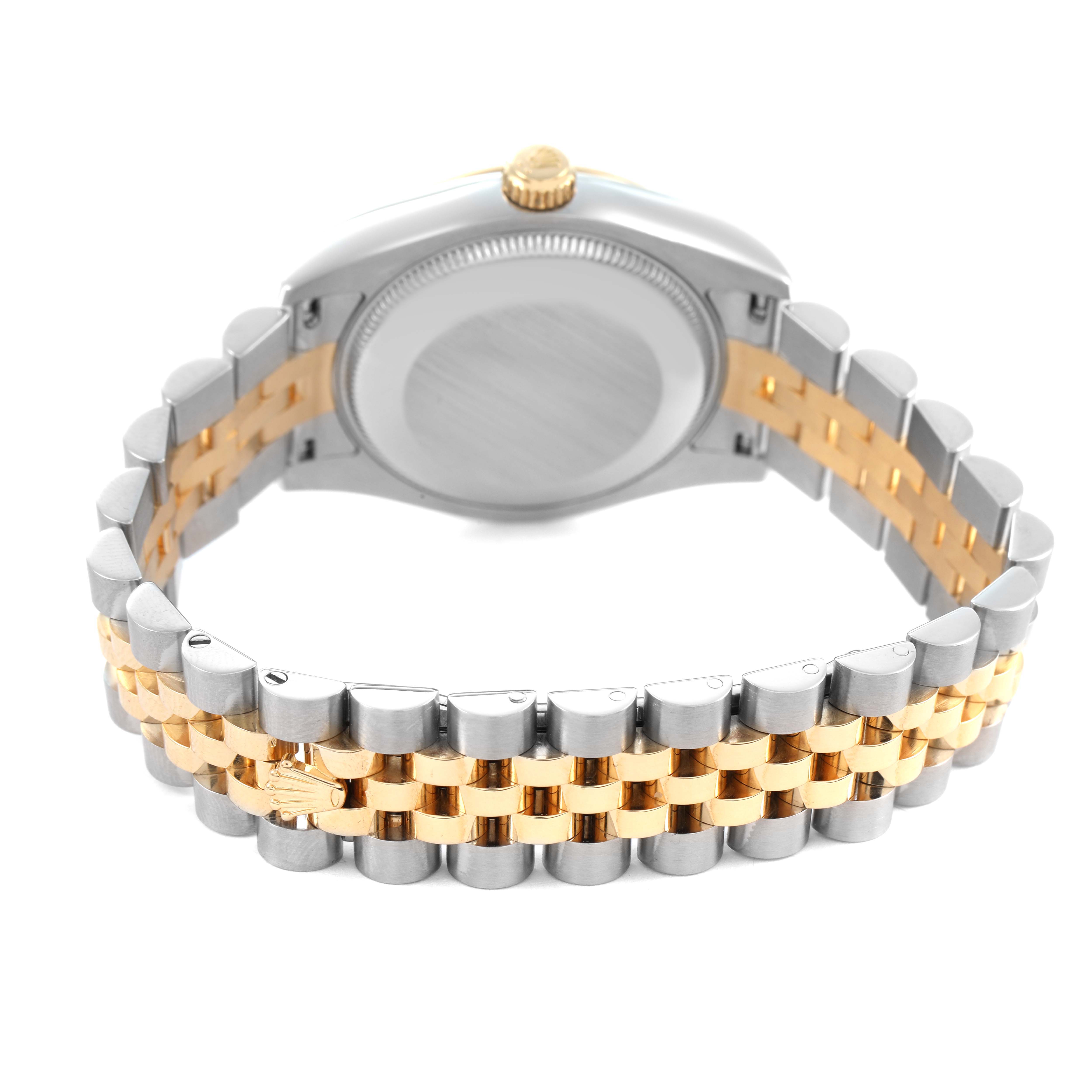 The Rolex Mid-Size 178273 Women's Steel and Gold (two tone) Champagne Dial watch is shown from the back, displaying its case and two-tone bracelet.