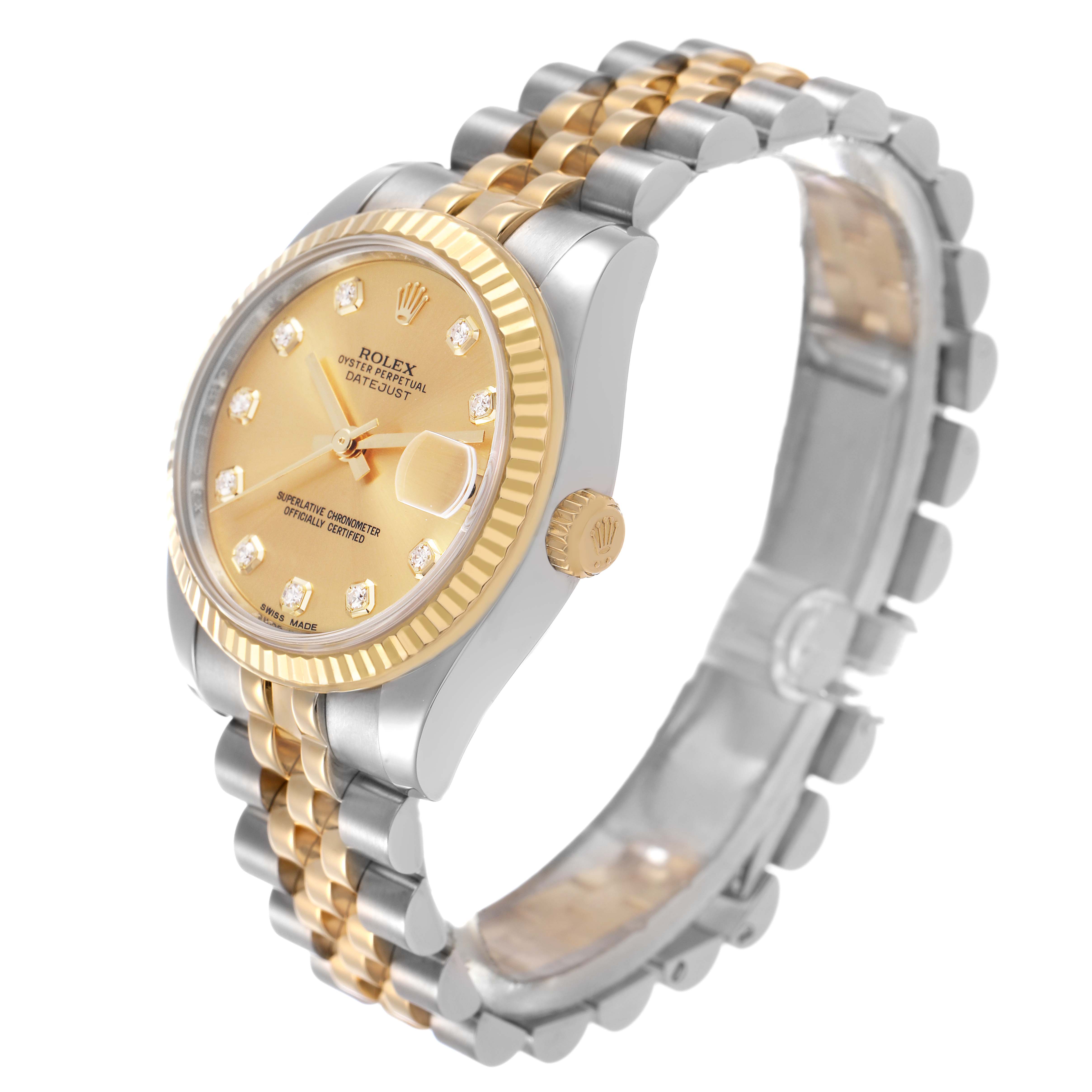 The Rolex Mid-Size 178273 Women's Steel and Gold (two tone) Champagne Dial watch is shown at a side angle, highlighting the bezel, crown, dial, and bracelet links.