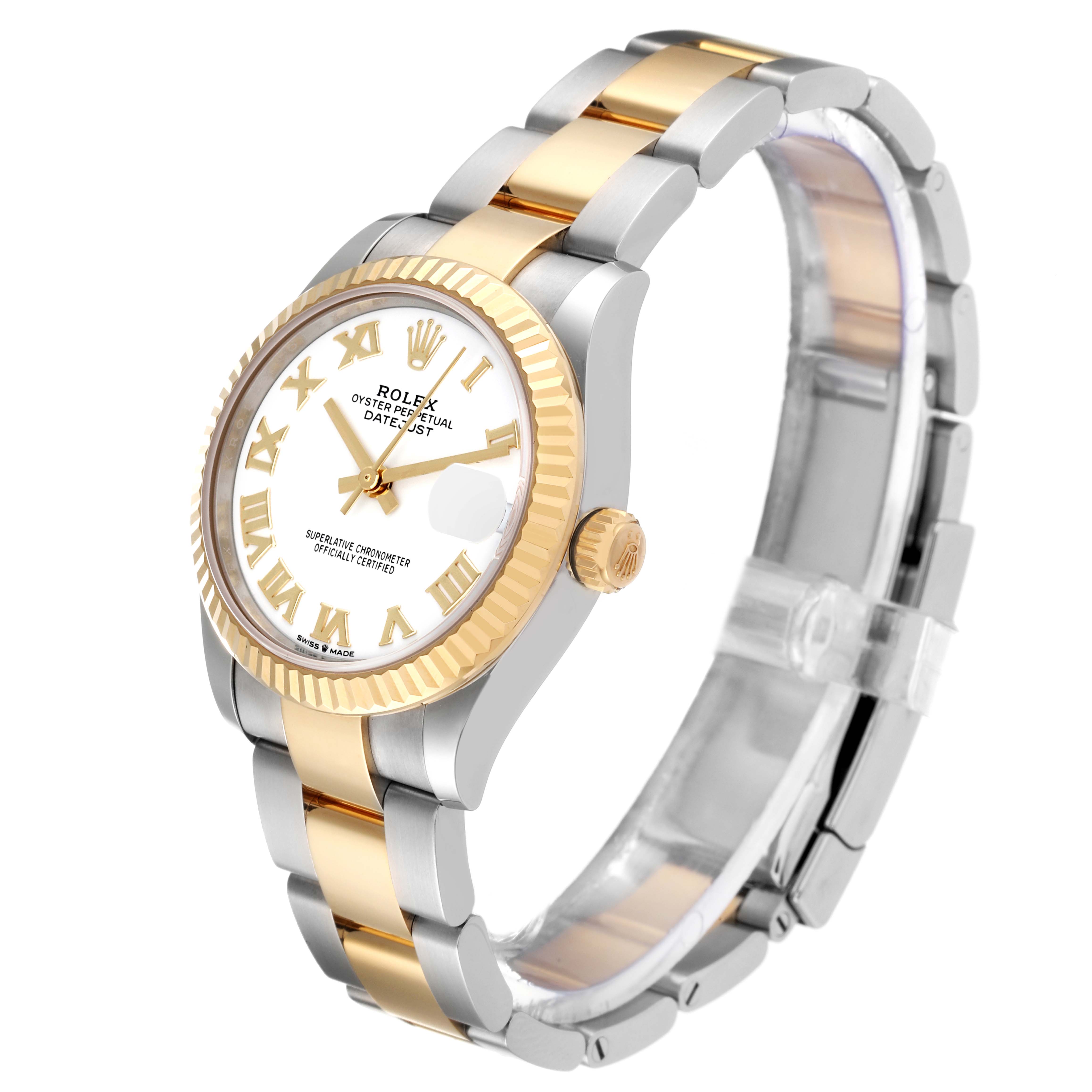 This is a Rolex Mid-Size 278273 Women's Steel and Gold (two tone) White Dial 278273 Women's Steel and Gold (two tone) White Dial Datejust watch shown at a three-quarter angle, highlighting its two-tone bracelet and fluted bezel.