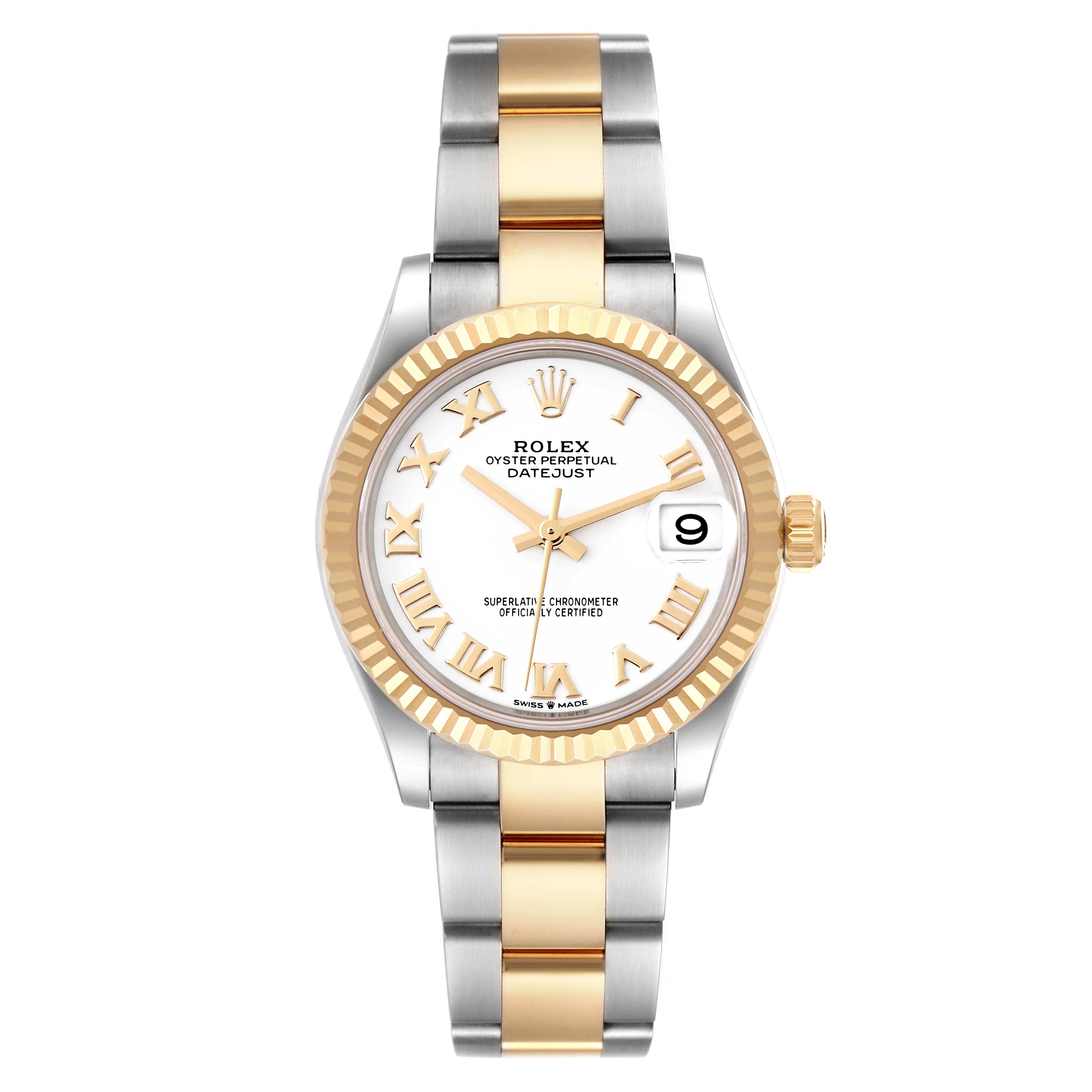 This image shows a front view of the Rolex Mid-Size 278273 Women's Steel and Gold (two tone) White Dial 278273 Women's Steel and Gold (two tone) White Dial Oyster Perpetual Datejust, highlighting its dial, bezel, and bracelet.