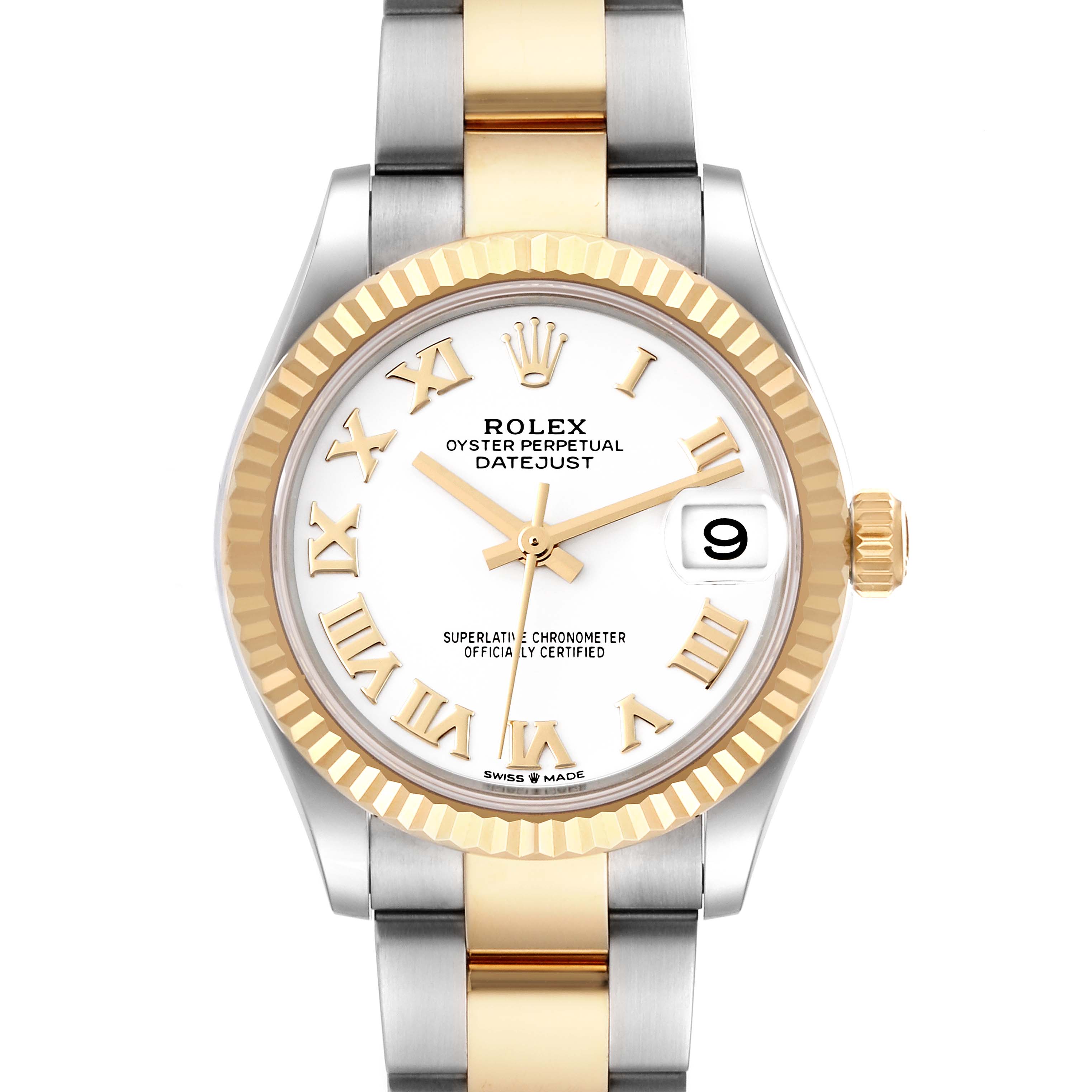 This image shows a front view of the Rolex Mid-Size 278273 Women's Steel and Gold (two tone) White Dial 278273 Women's Steel and Gold (two tone) White Dial Datejust watch, highlighting the dial, bezel, and a portion of the bracelet.