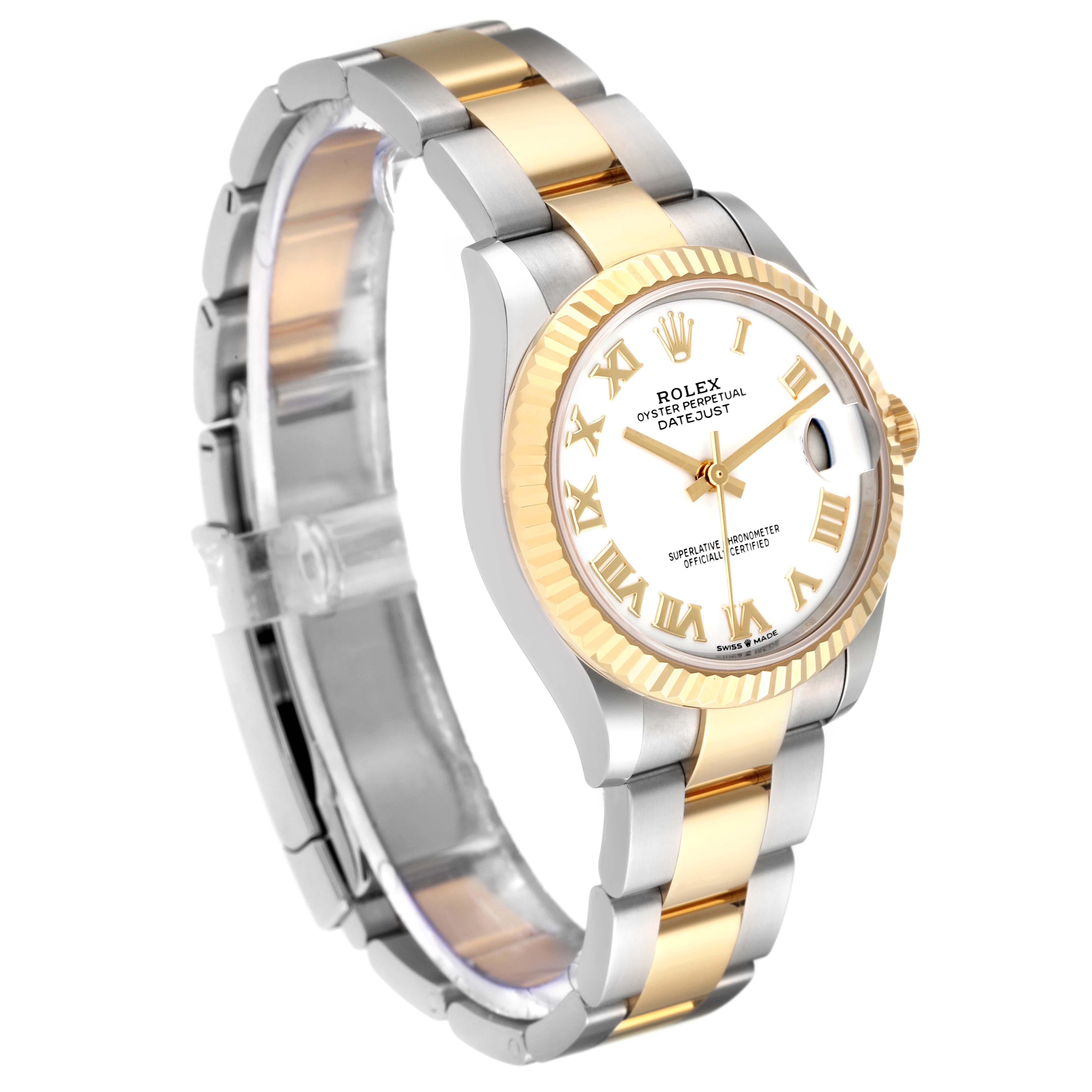 The image shows a Mid-Size Rolex Datejust watch from an angled side view, displaying its two-tone band, white dial, and fluted bezel.