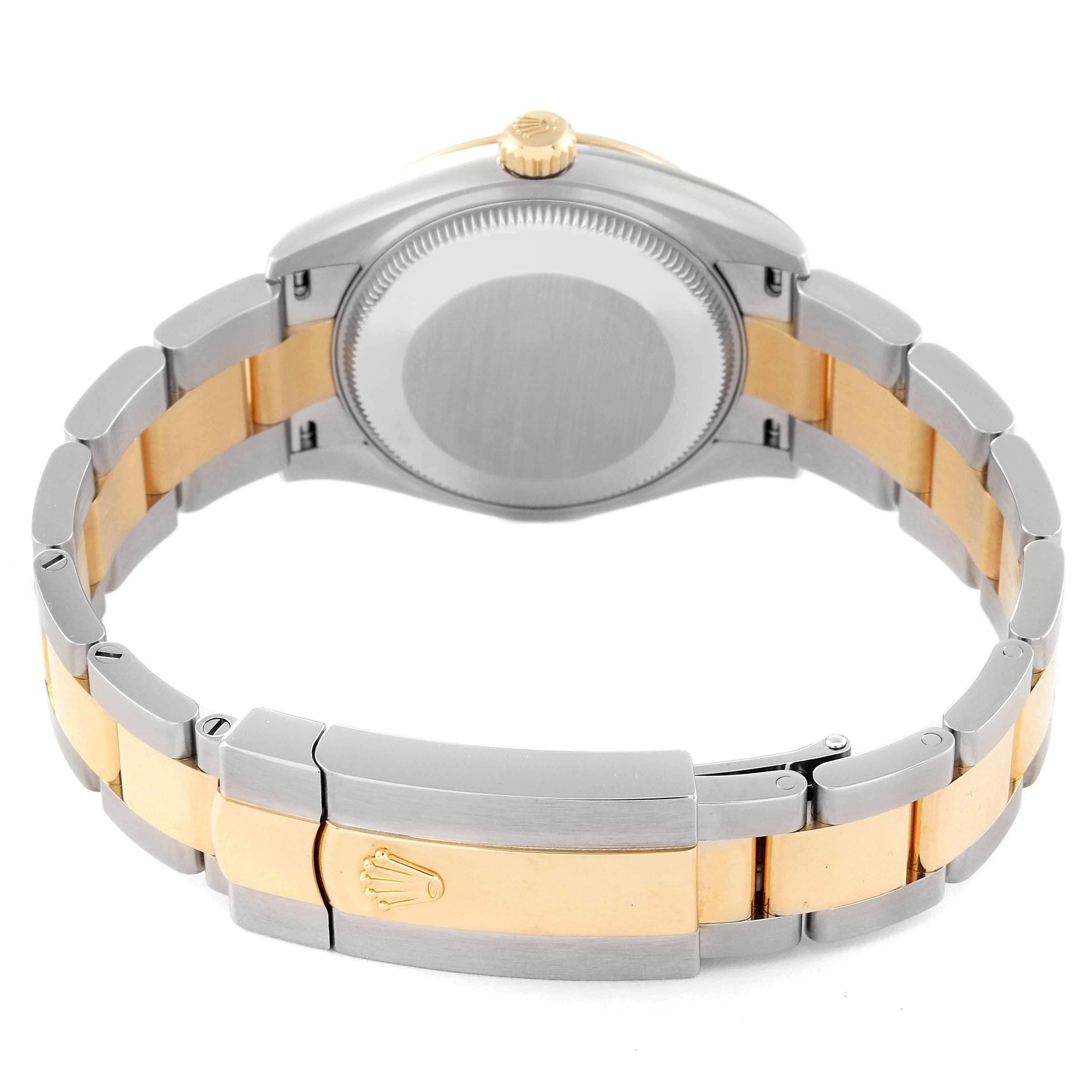 The image shows the back case and bracelet of a Mid-Size Rolex watch from a rear angle.