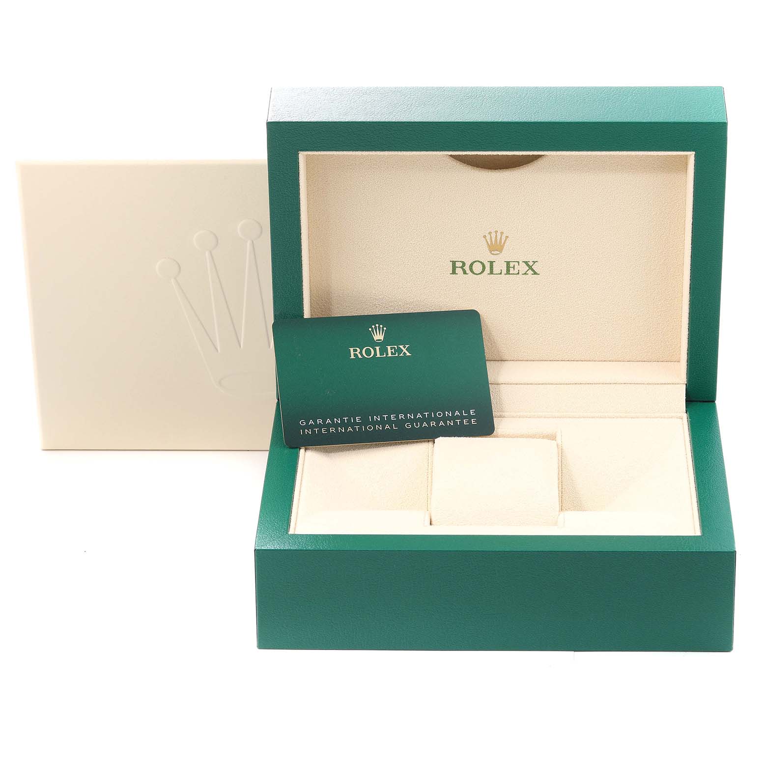 The image shows a Rolex Mid-Size 278273 Women's Steel and Gold (two tone) White Dial 278273 Women's Steel and Gold (two tone) White Dial watch box, an open green and beige case, and an international guarantee card.