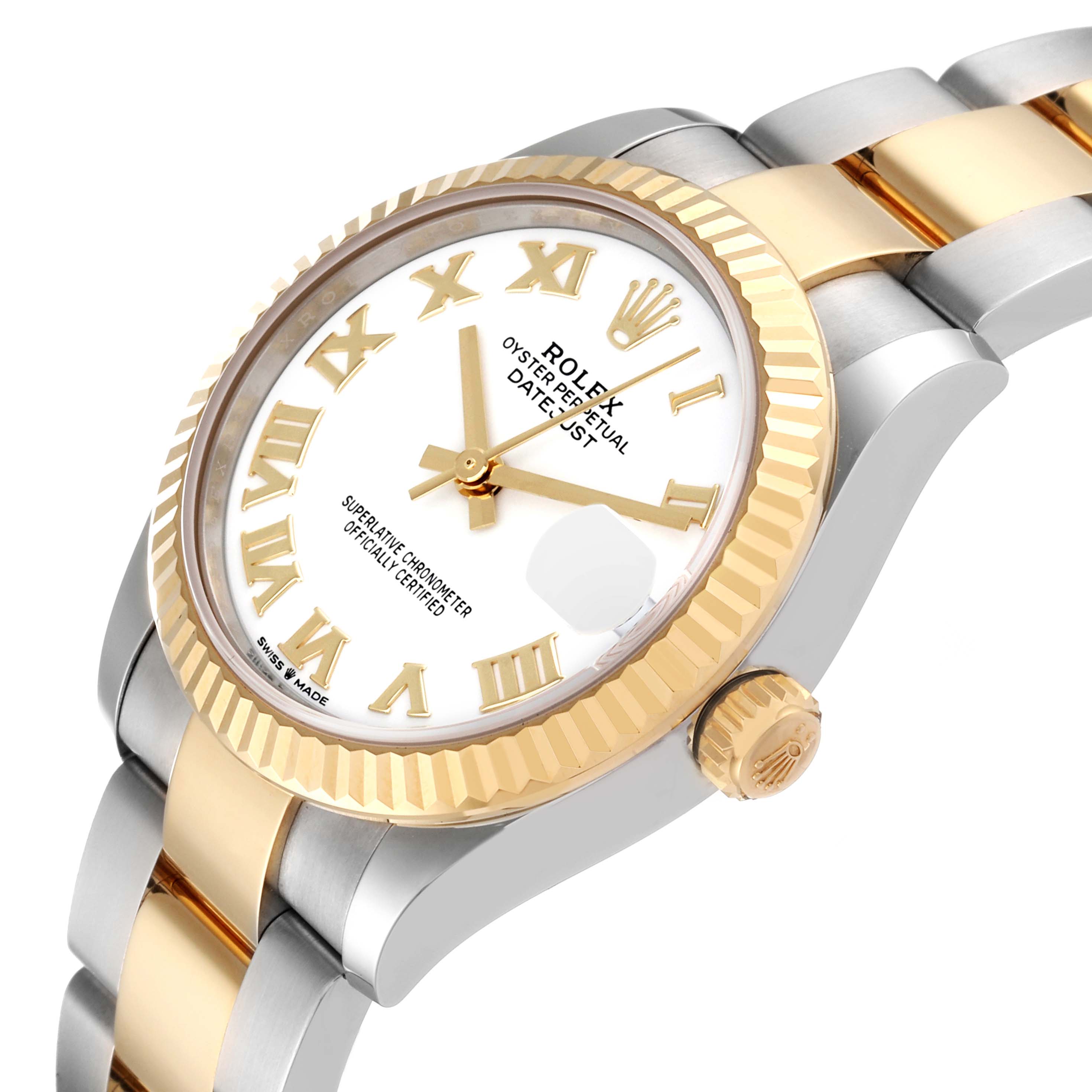 The image shows a close-up, angled view of the Rolex Mid-Size 278273 Women's Steel and Gold (two tone) White Dial 278273 Women's Steel and Gold (two tone) White Dial watch, highlighting its bezel, dial, and part of the bracelet.