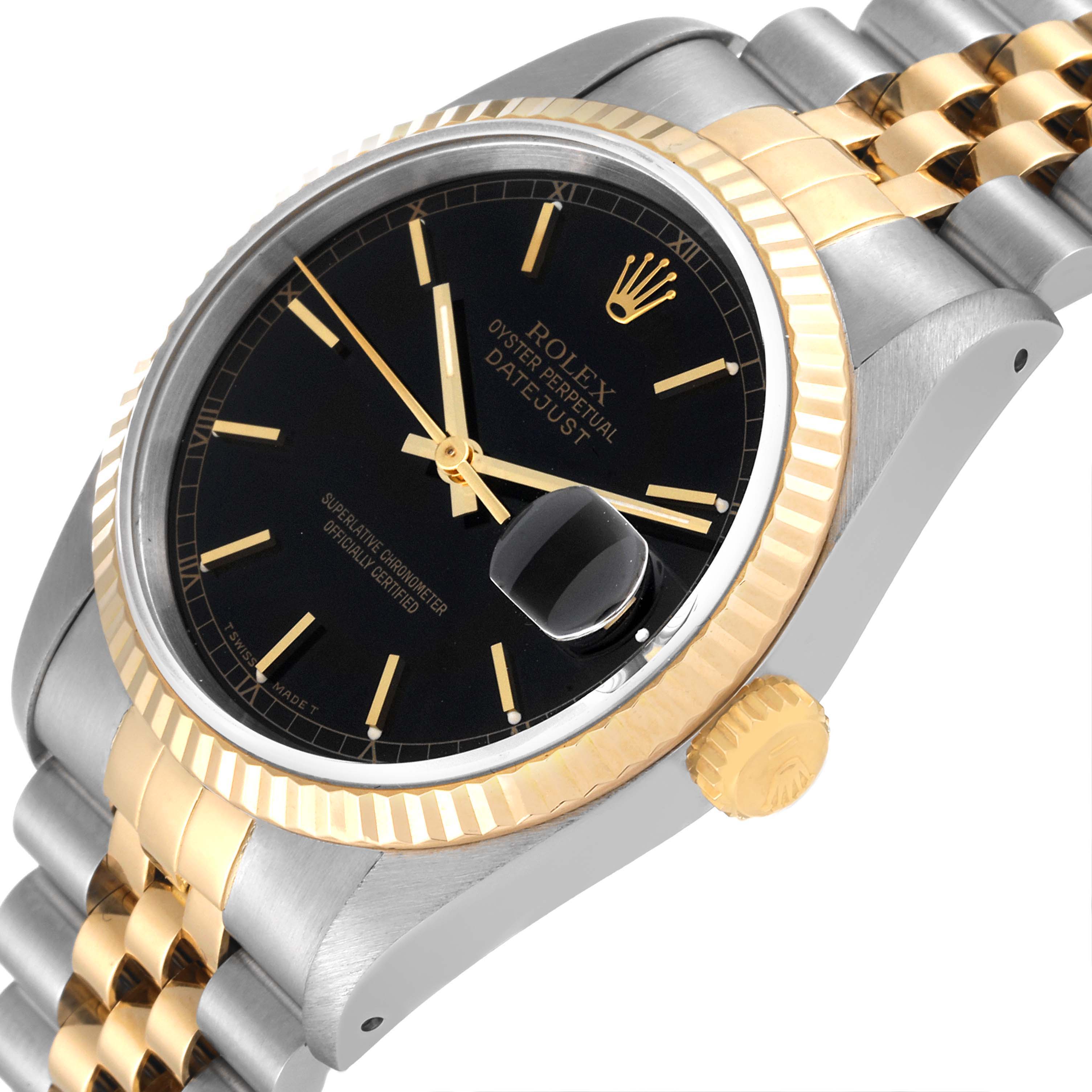 The image shows a close-up angle of a Rolex Datejust 16233 Men's Steel and Gold (two tone) Black Dial 16233 Men's Steel and Gold (two tone) Black Dial, highlighting the dial, bezel, crown, and part of the bracelet.