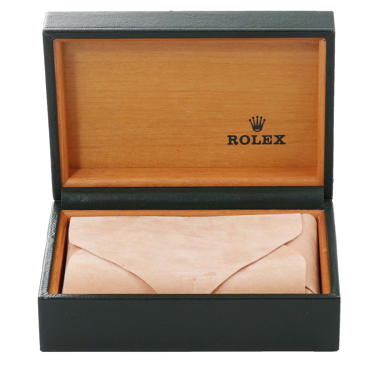 This image shows an open Rolex Datejust 16233 Men's Steel and Gold (two tone) Black Dial 16233 Men's Steel and Gold (two tone) Black Dial watch box with a leather pouch inside, viewed from the front.