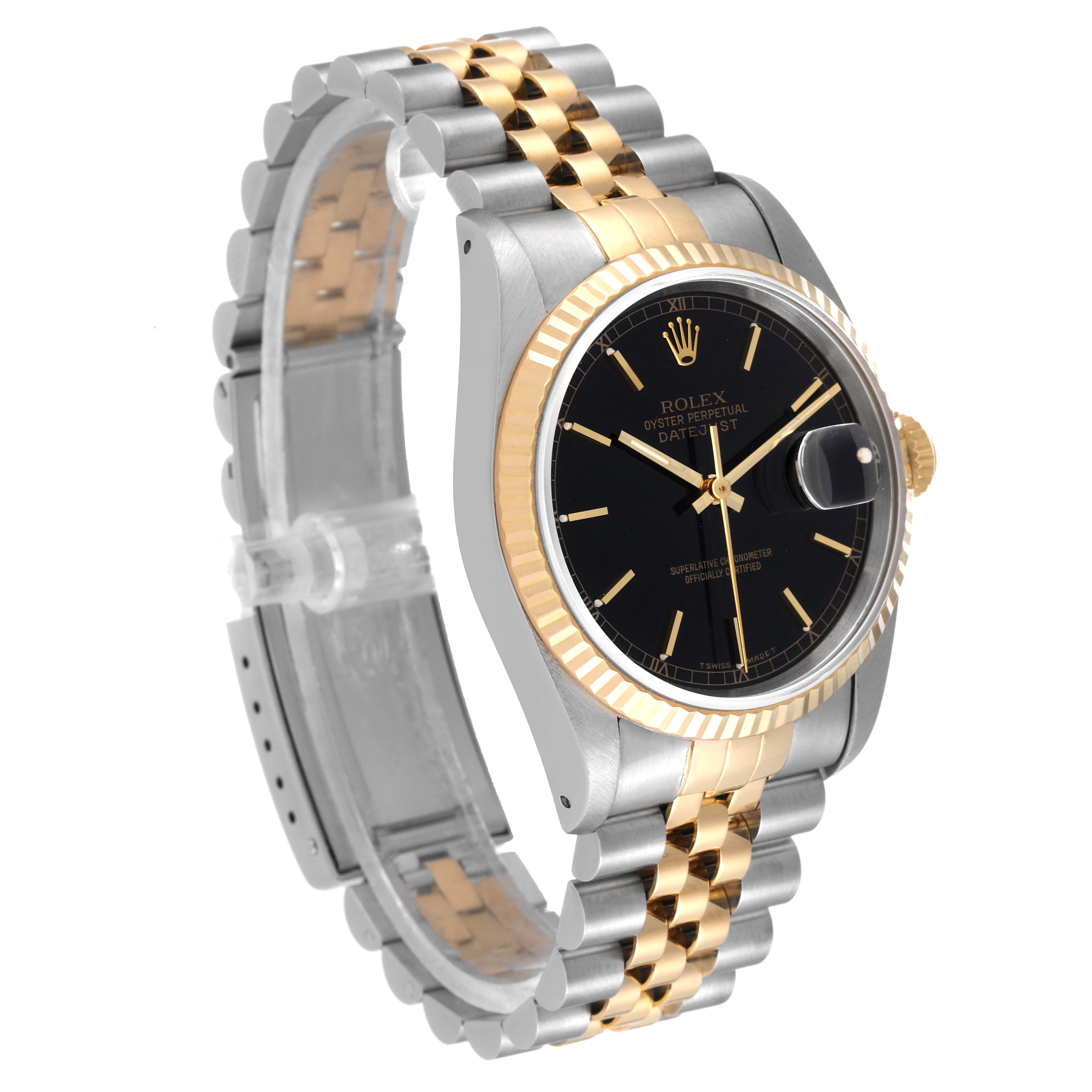 The image shows a Rolex Datejust 16233 Men's Steel and Gold (two tone) Black Dial 16233 Men's Steel and Gold (two tone) Black Dial watch from a side angle, highlighting its two-tone bracelet and black dial with gold accents.