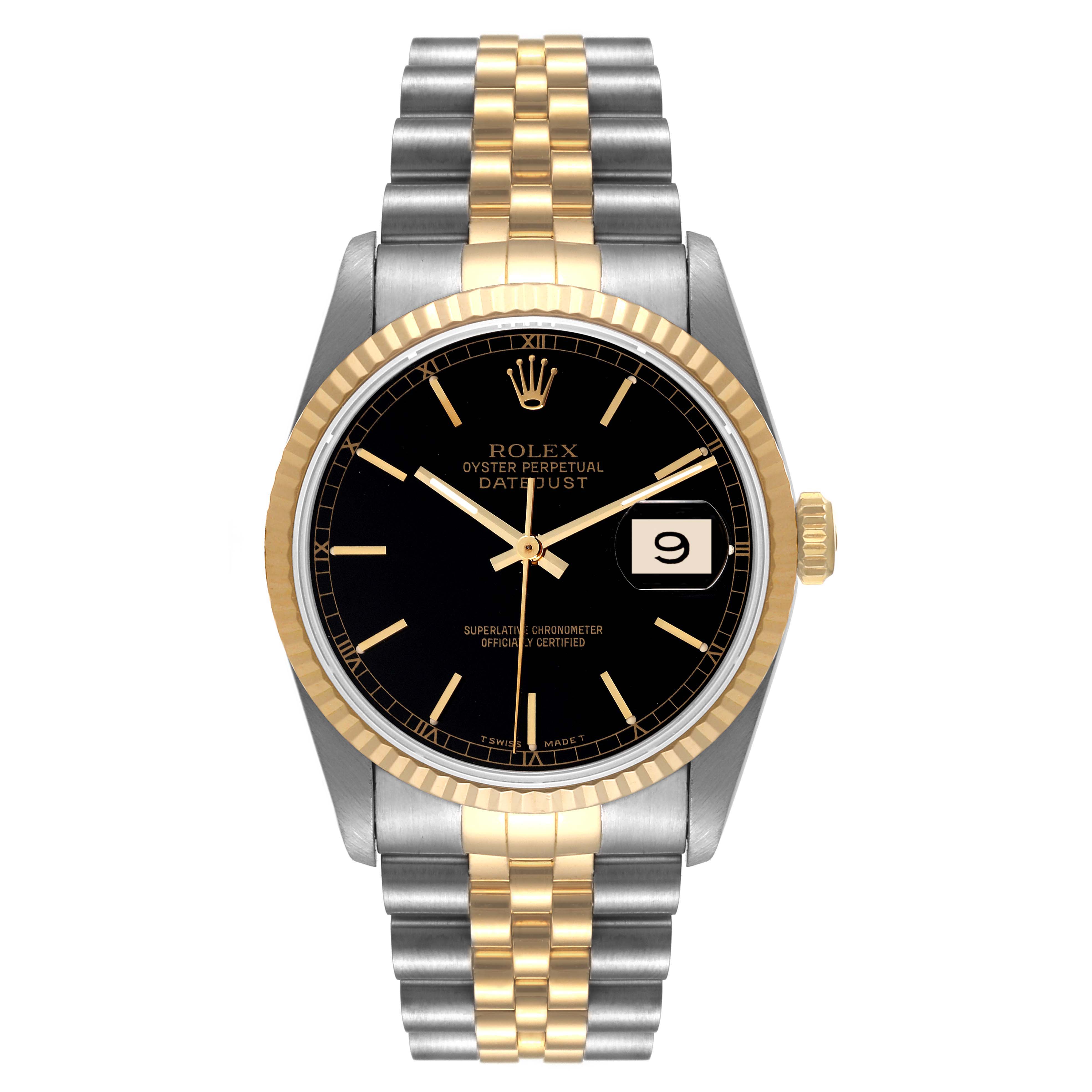 The Rolex Datejust 16233 Men's Steel and Gold (two tone) Black Dial 16233 Men's Steel and Gold (two tone) Black Dial watch is shown from a front angle, displaying its dial, bezel, and bracelet.