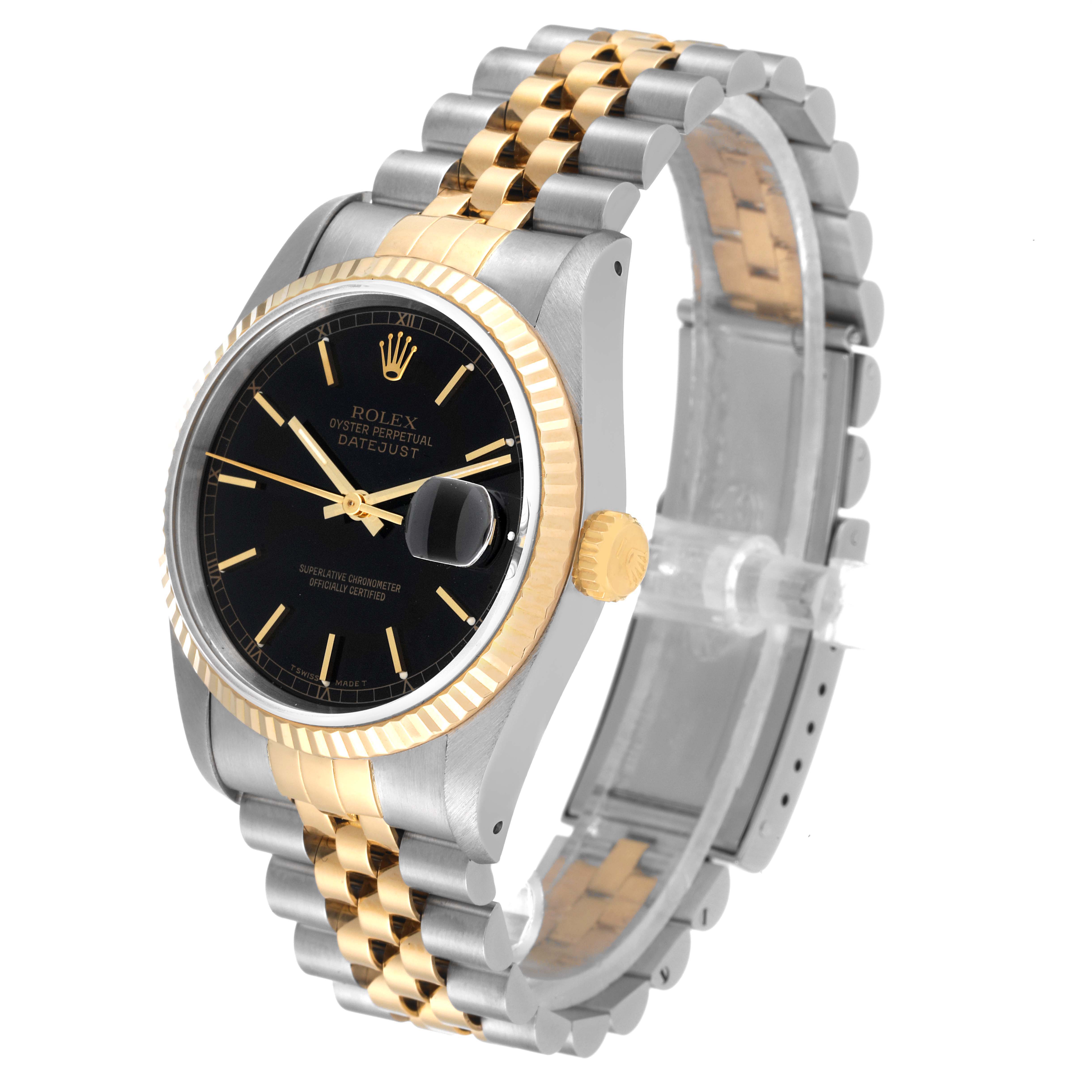 This image shows a Rolex Datejust 16233 Men's Steel and Gold (two tone) Black Dial 16233 Men's Steel and Gold (two tone) Black Dial watch at a 3/4 angle, highlighting its black dial, gold bezel, and dual-tone bracelet.