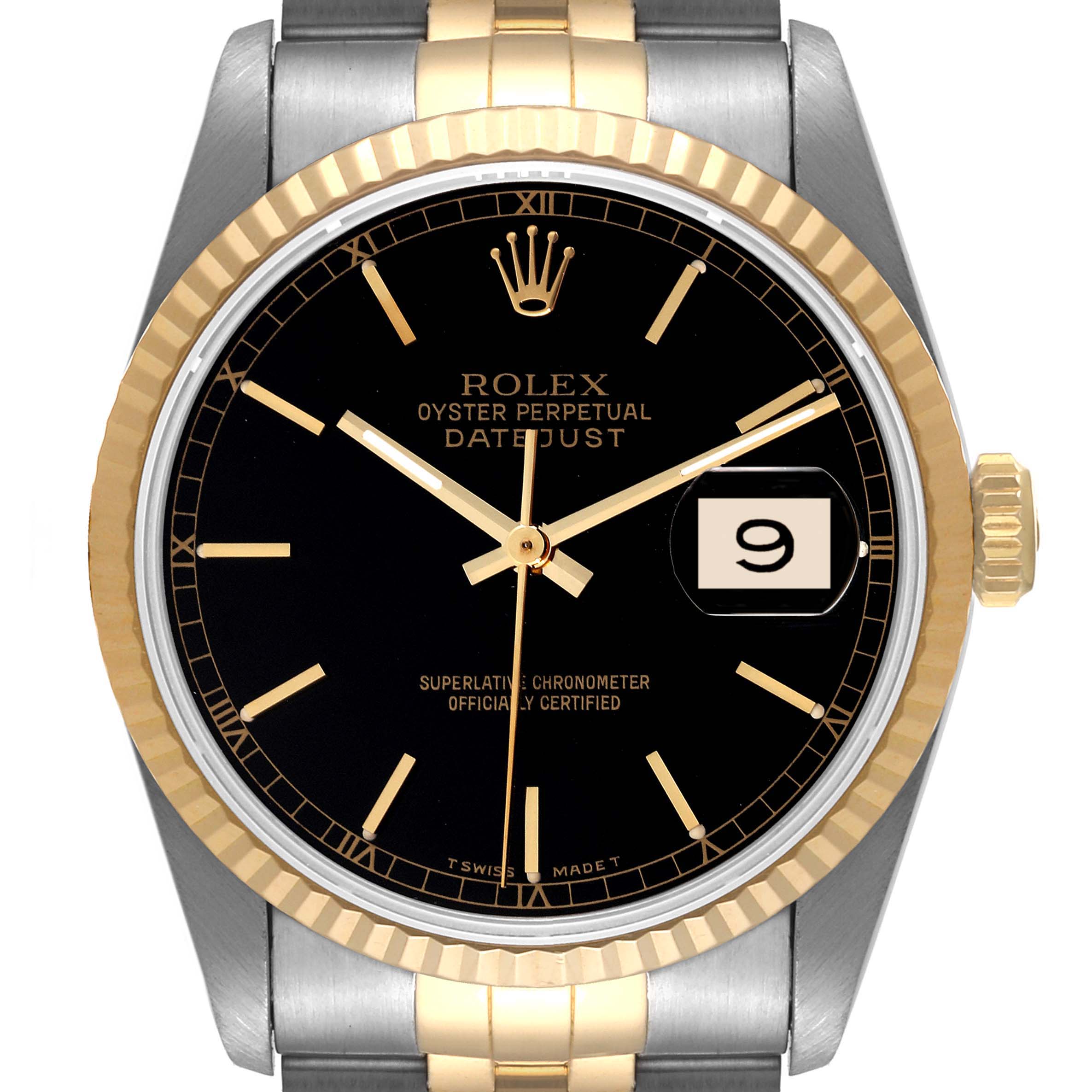 The image shows a Rolex Datejust 16233 Men's Steel and Gold (two tone) Black Dial 16233 Men's Steel and Gold (two tone) Black Dial watch from a front angle, featuring its face, bezel, and part of its bracelet.