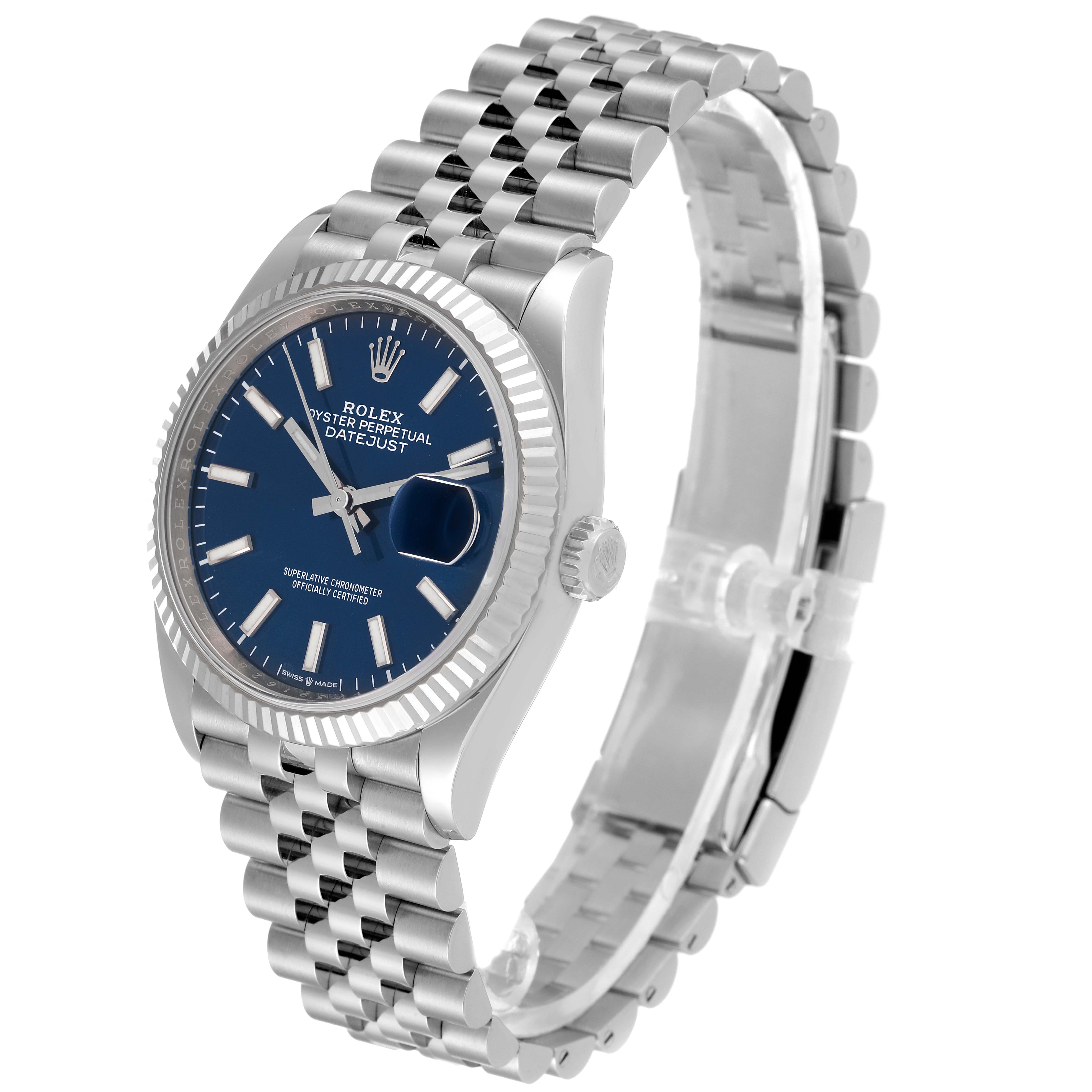 The image shows a Rolex Datejust 126234 Men's Steel and Gold (two tone)  126234 Men's Steel and Gold (two tone)  watch from a three-quarter angle, highlighting the dial, bezel, and bracelet.