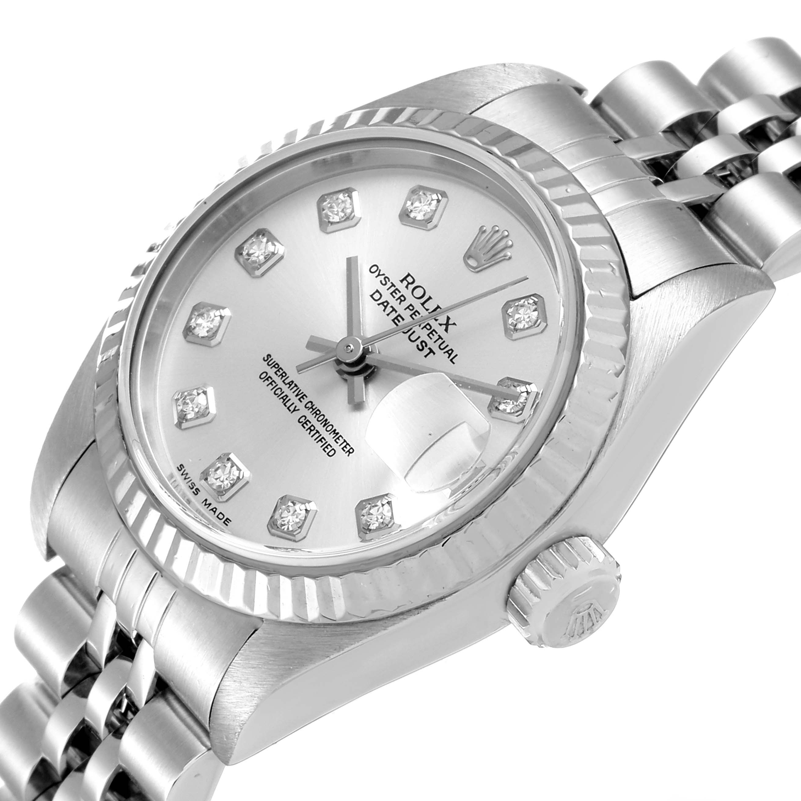 This is a close-up of a Rolex Datejust 79174 Women
s Stainless Steel Silver Dial 79174 Women
s Stainless Steel Silver Dial watch, showing the face, bezel, crown, and part of the bracelet.