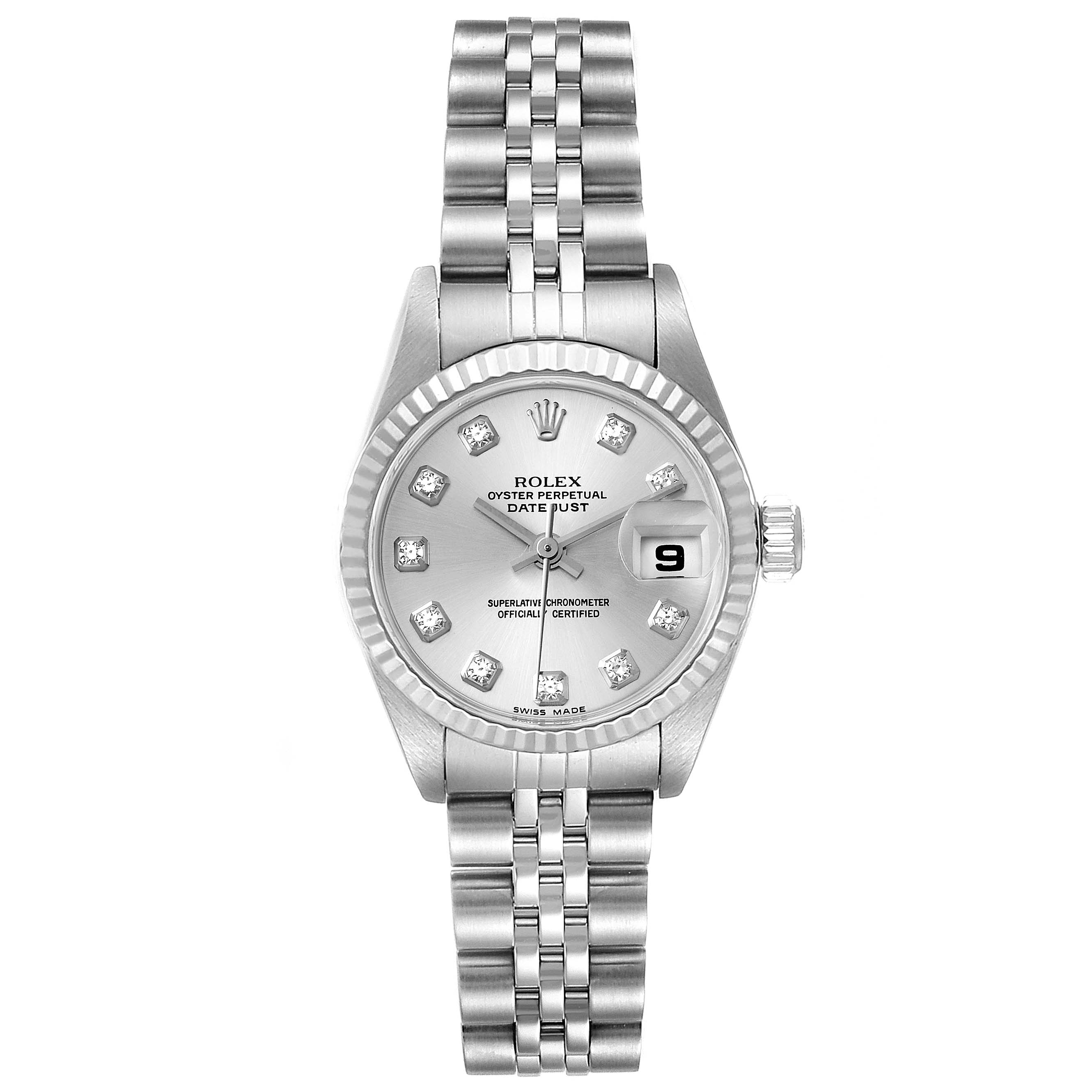 The image shows a frontal view of the Rolex Datejust 79174 Women
s Stainless Steel Silver Dial 79174 Women
s Stainless Steel Silver Dial watch, displaying the dial, bracelet, and date magnifier.