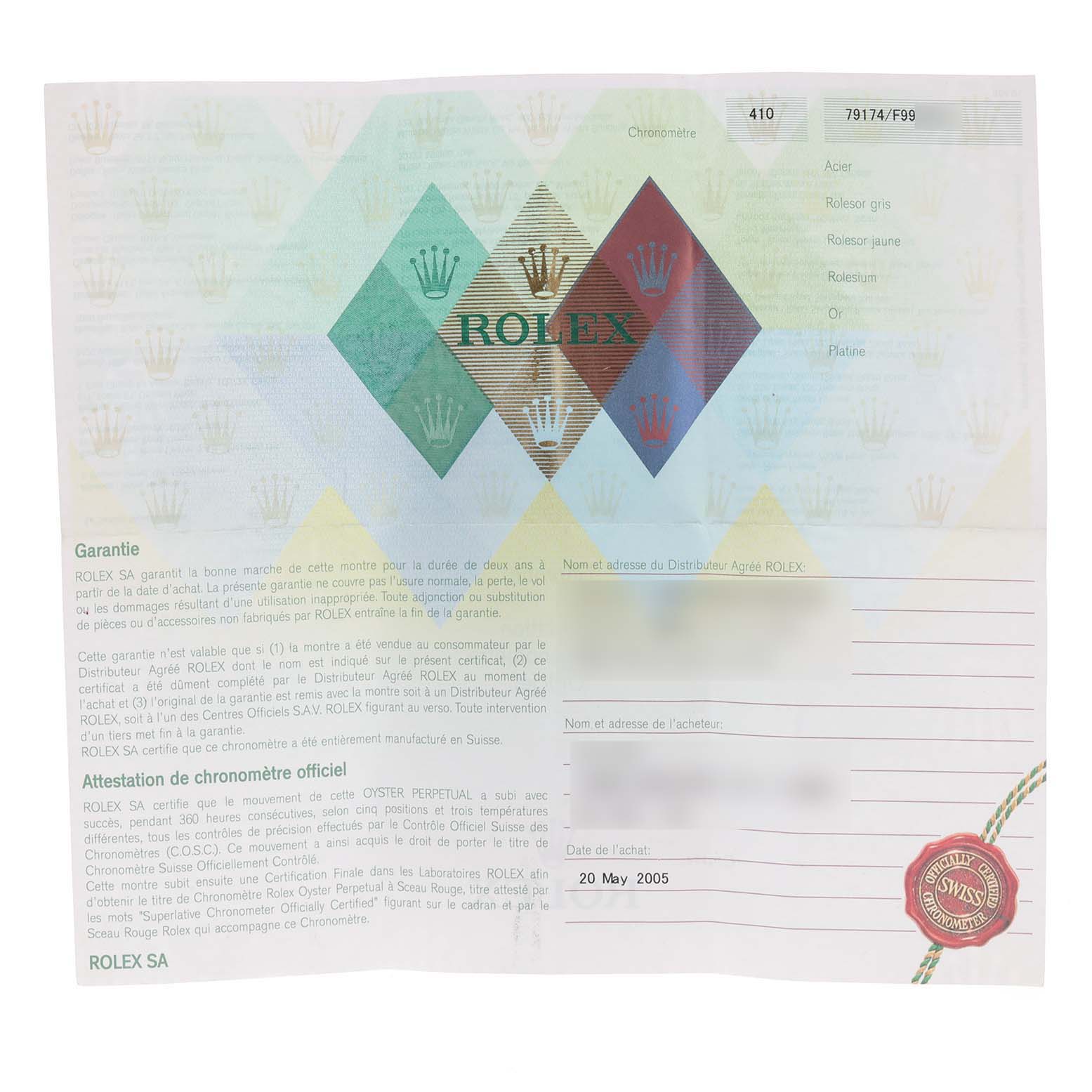 This image shows the warranty certificate for a Rolex Datejust 79174 Women
s Stainless Steel Silver Dial 79174 Women
s Stainless Steel Silver Dial watch.